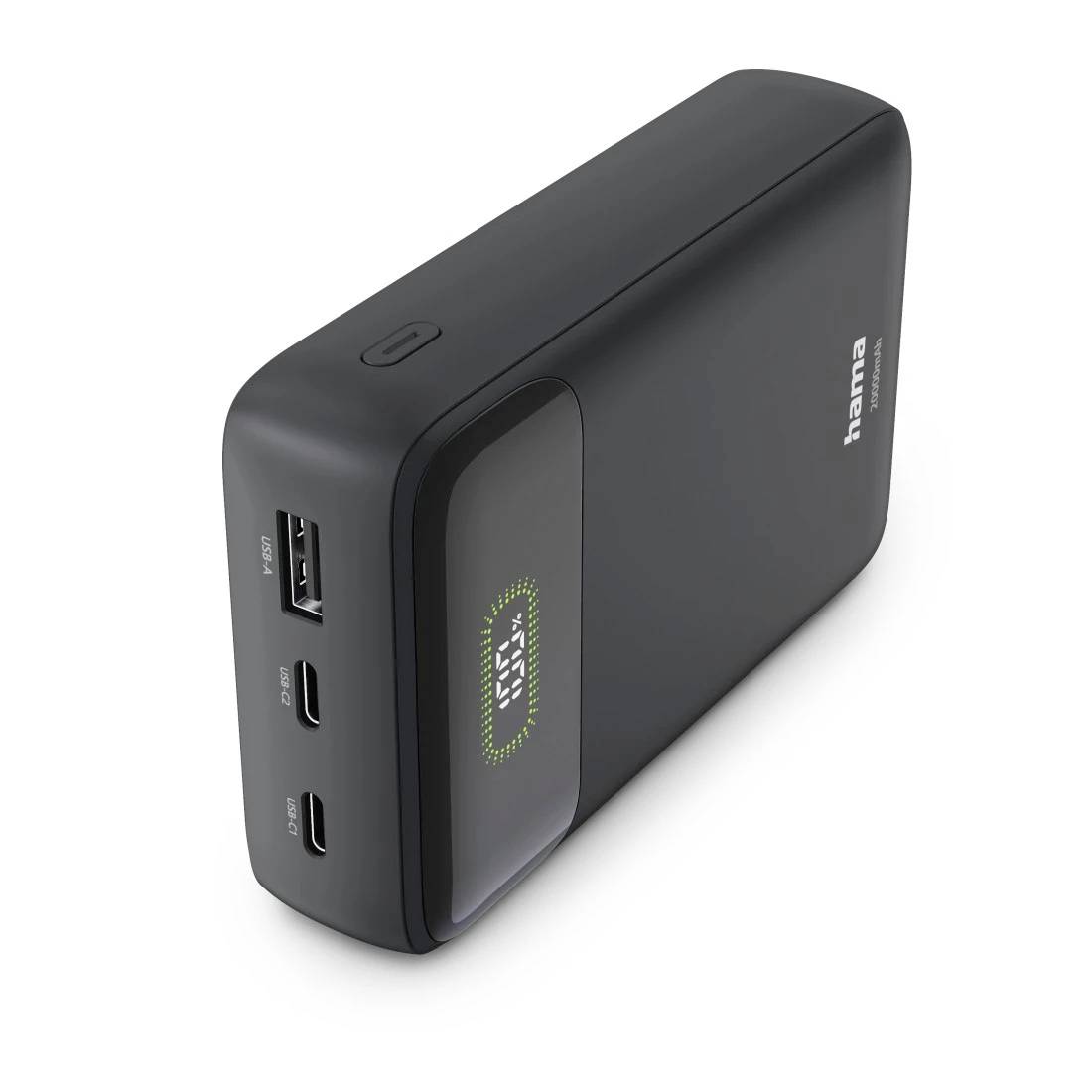 Tragbares Hama-Powerbank mit USB-A und zwei USB-C-Anschlüssen, Akkustandsanzeige und Einschaltknopf.