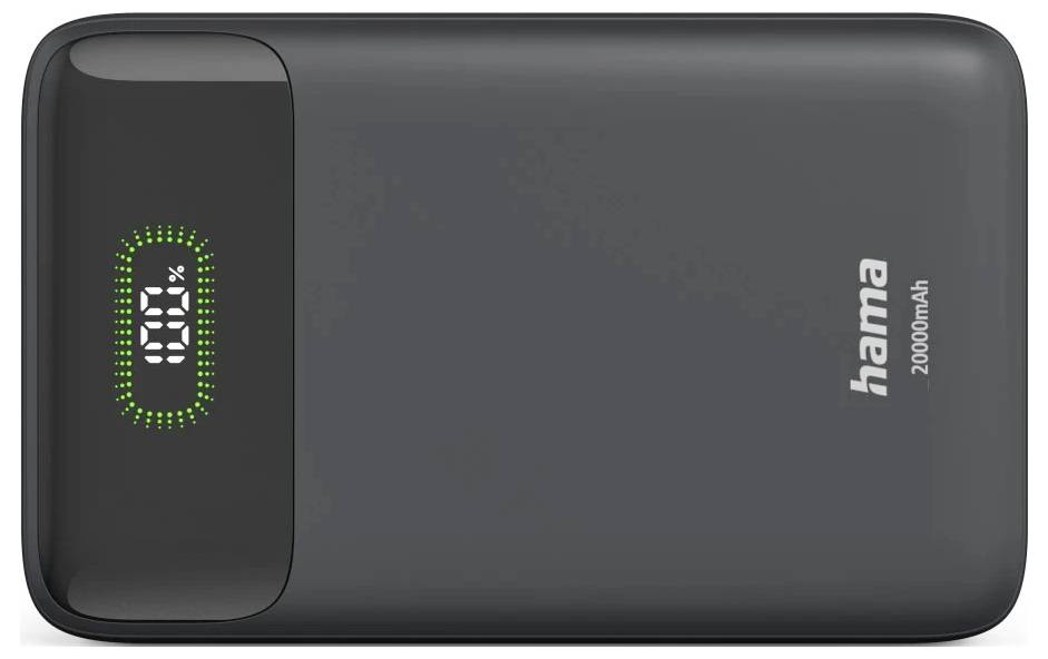 Schwarze Hama 20000mAh Powerbank mit digitaler Batterieladeanzeige und grüner LED-Anzeige am oberen Ende.