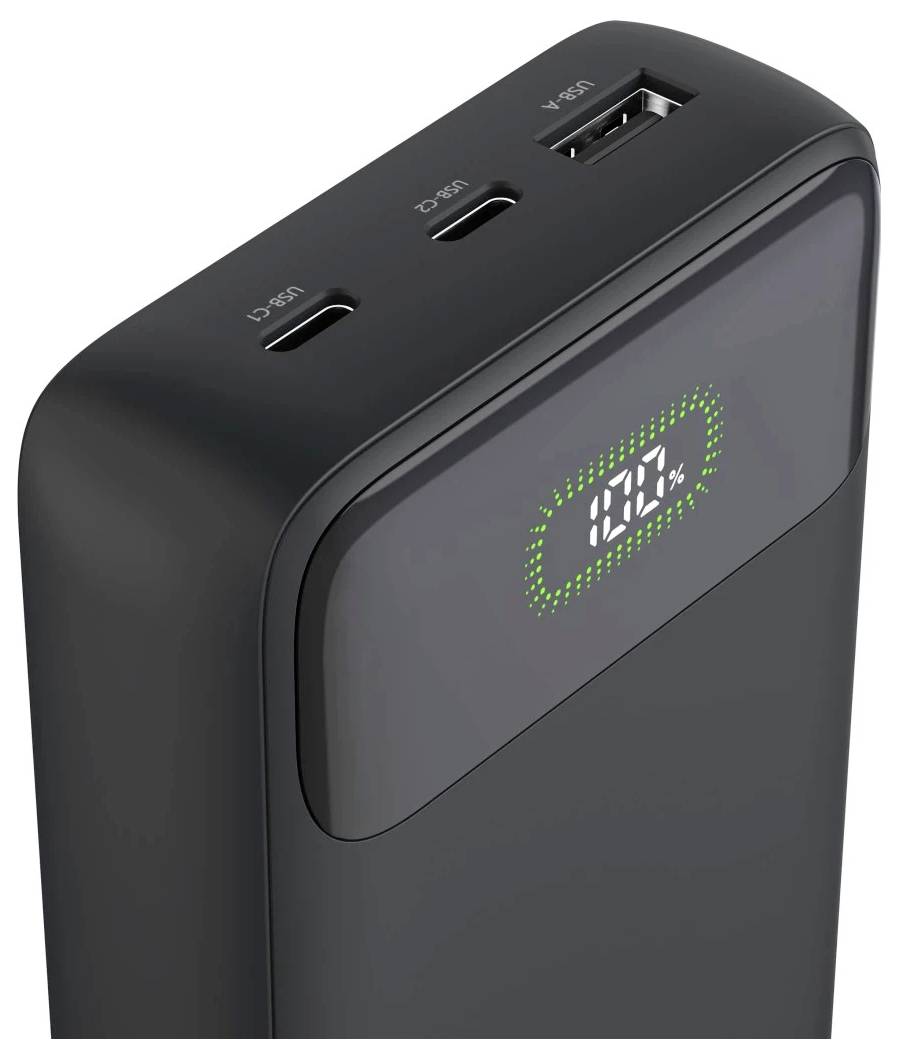 Schwarze tragbare Powerbank mit USB-A- und USB-C-Anschlüssen und digitaler Anzeige des Batterieladestands