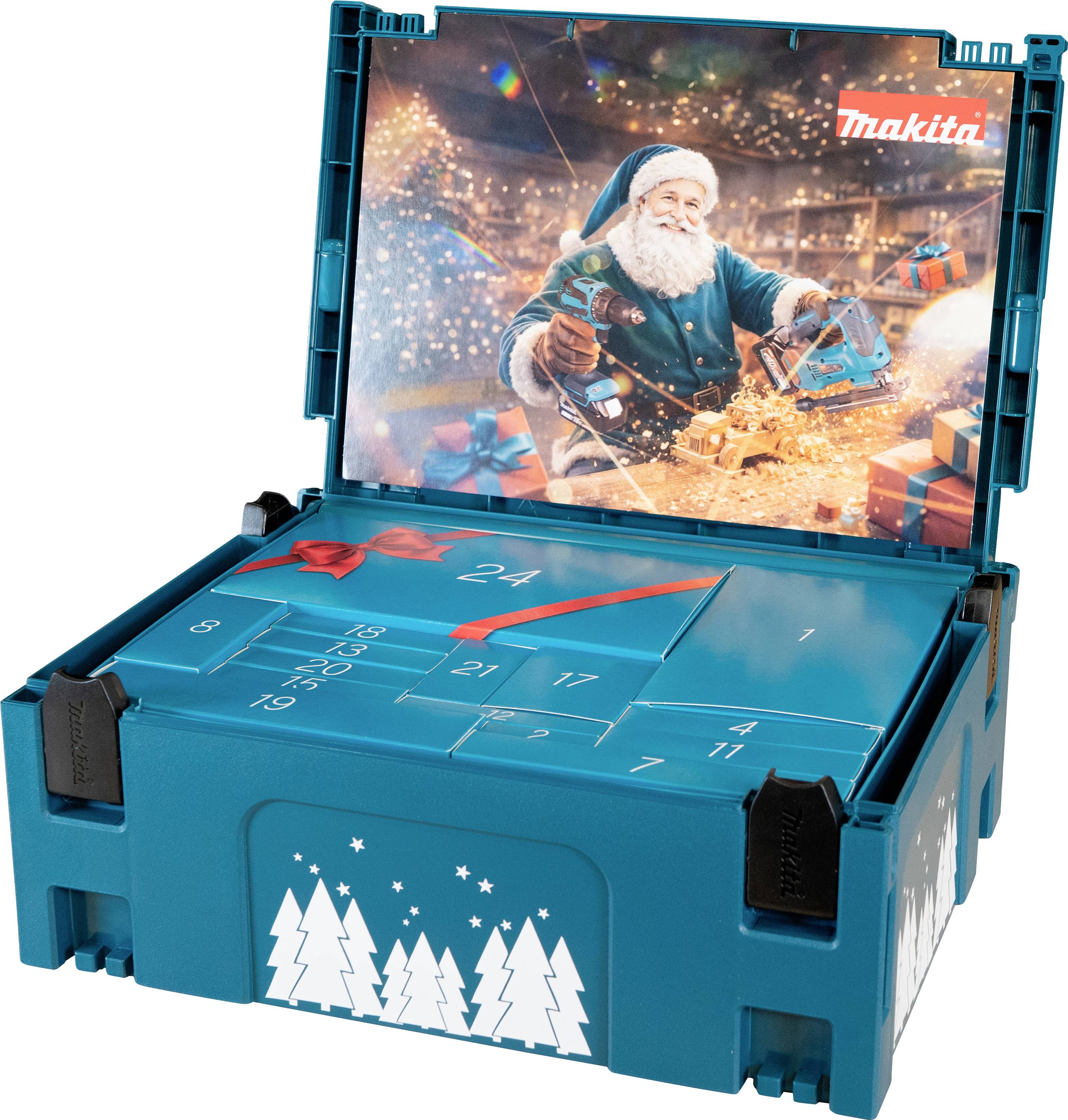 Blauer Makita-Werkzeugkoffer im Adventskalender-Stil mit nummerierten Türen und einem weihnachtlichen Weihnachtsmann-Werkstatt-Bild auf der Innenseite des Deckels.