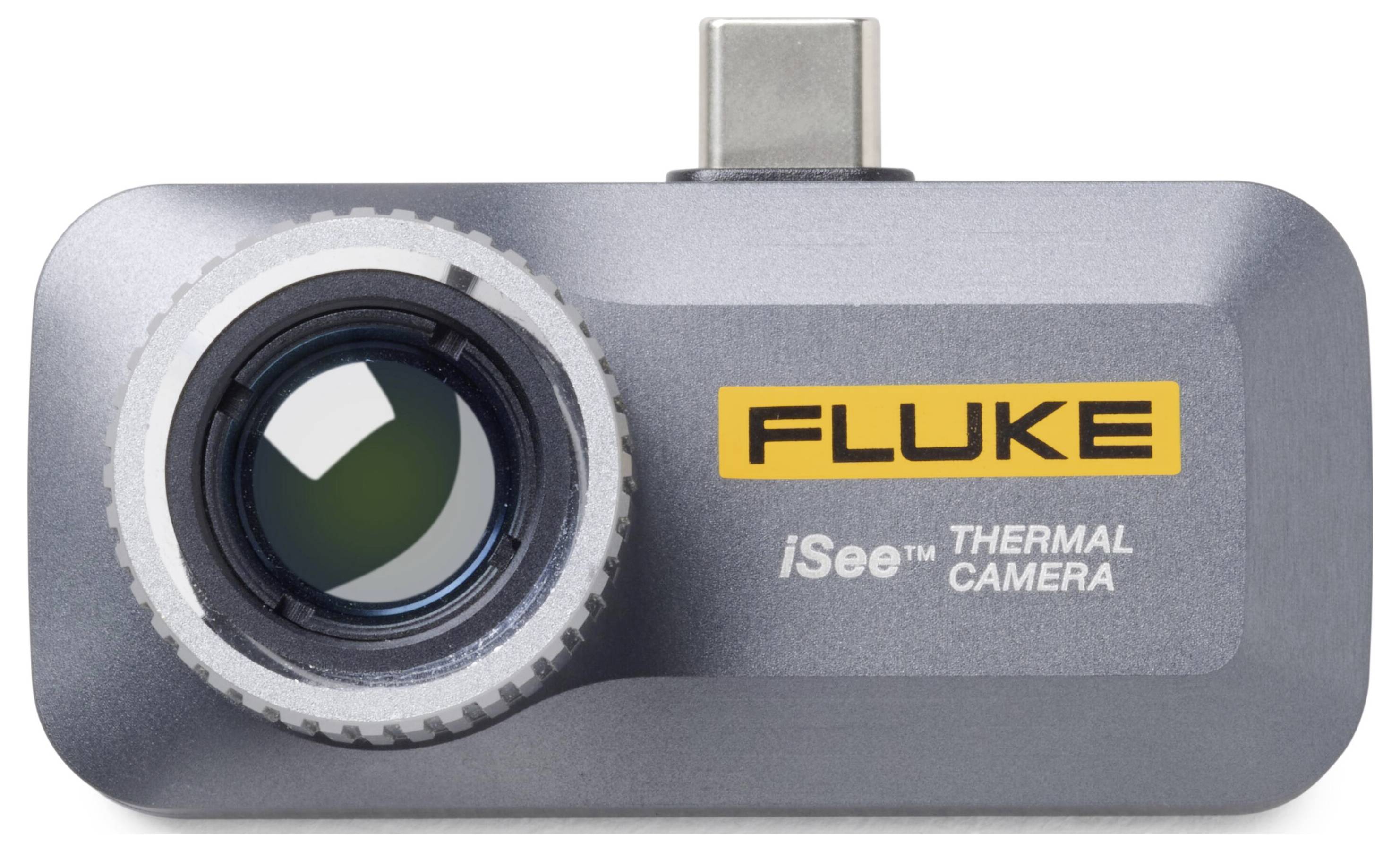 Fluke iSee Wärmekamera-Zubehör mit USB-C-Anschluss und großem Objektiv auf einem grauen rechteckigen Gehäuse.