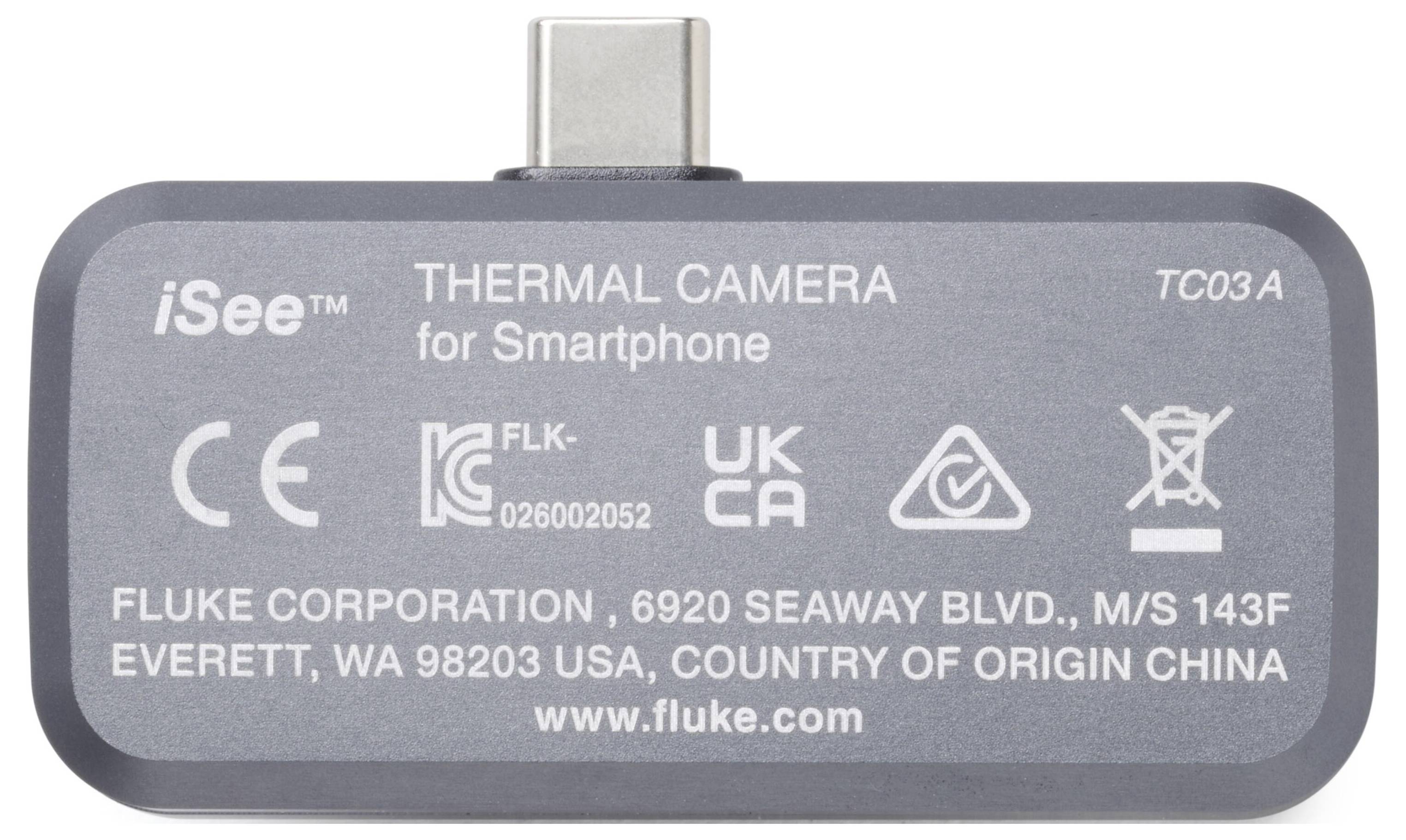 Fluke iSee TC03A Wärmekamera-Adapter für Smartphones, zeigt Produktetikett, Konformitätszeichen und Herstellerdetails.