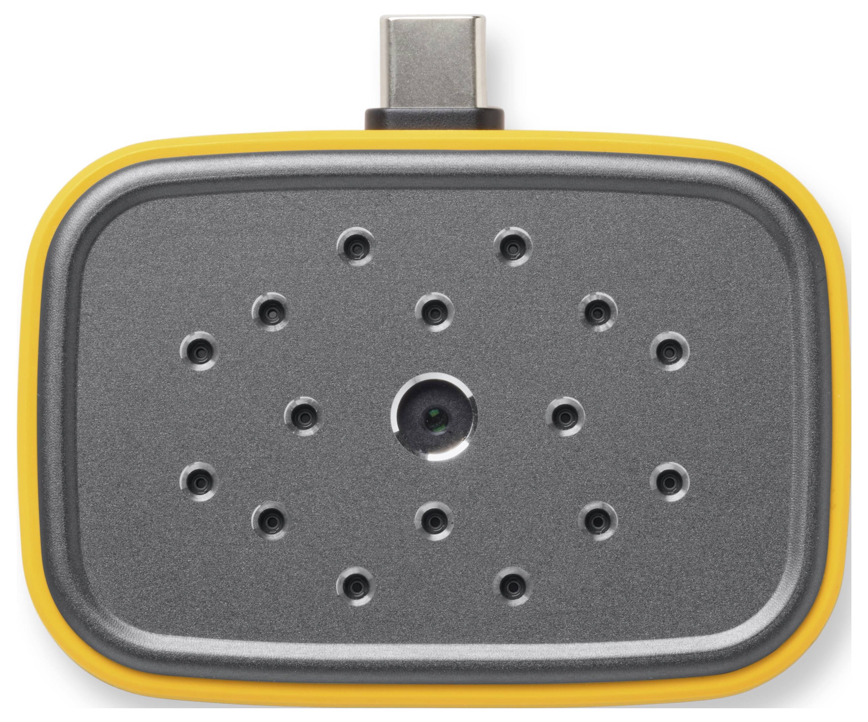 Nahaufnahme eines kleinen grau-gelben elektronischen Geräts mit einem USB-C-Stecker und mehreren kreisförmigen Löchern auf der Frontplatte.