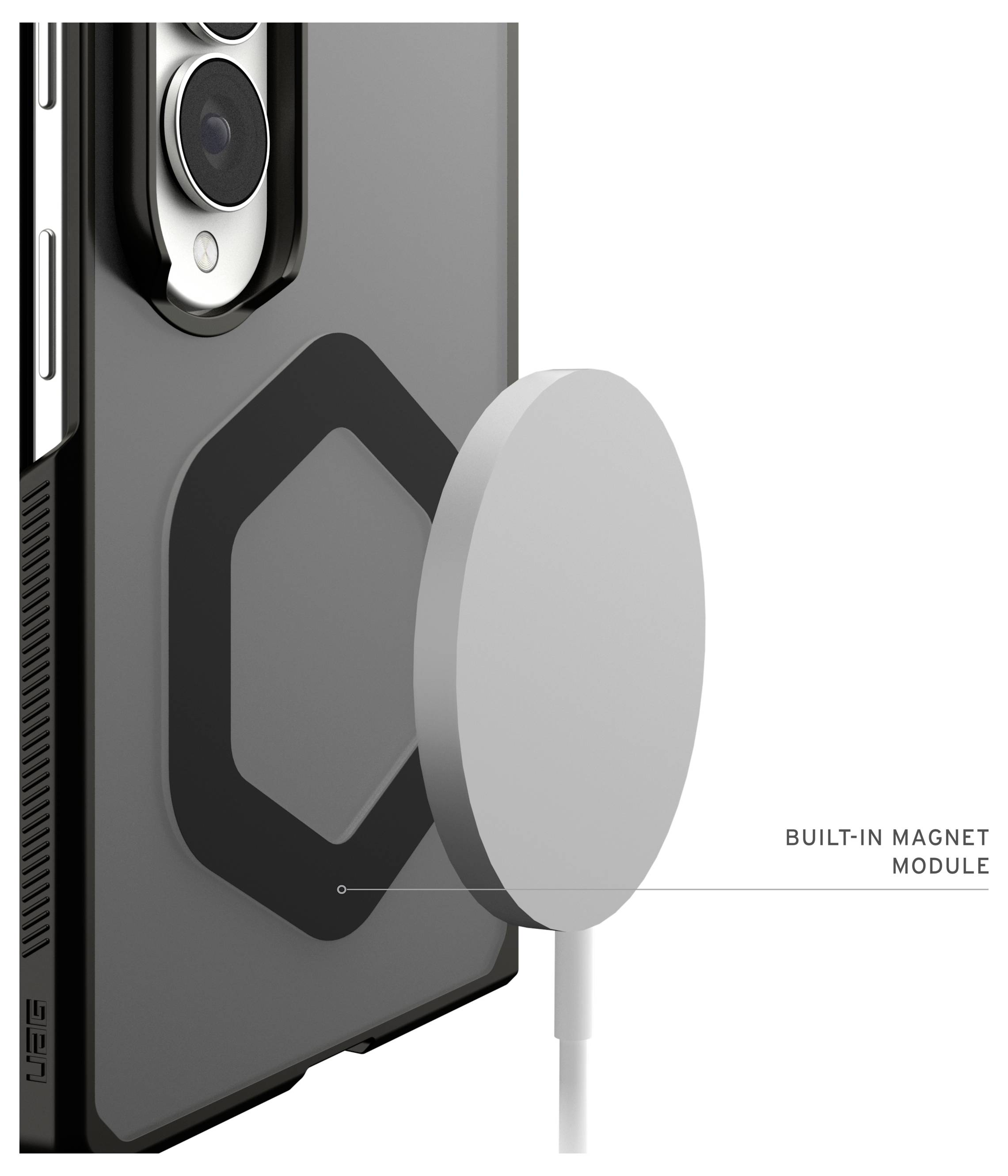 Rückansicht einer Handyhülle mit einem runden Magnetlademodul, das mit „INTEGRIERTES MAGNETMODUL" gekennzeichnet ist.