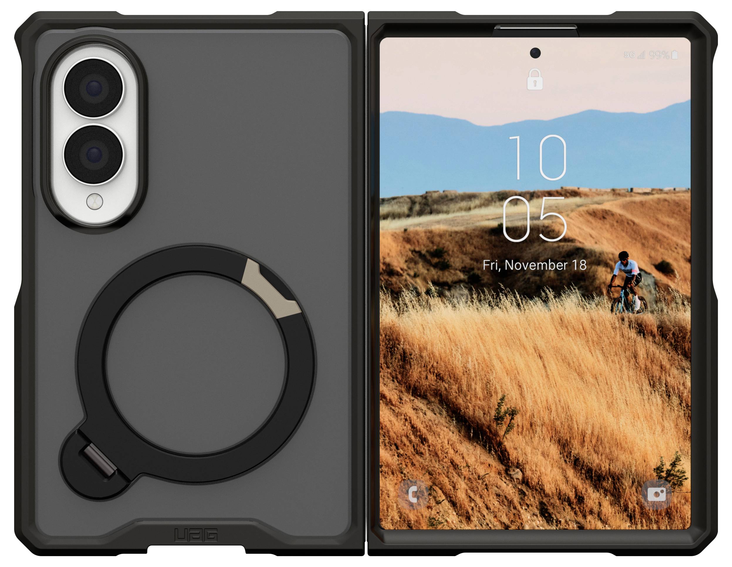 Robuste schwarze Smartphone-Hülle mit einem kreisförmigen MagSafe-ähnlichen Ring auf der Rückseite, geöffnet neben dem Telefonbildschirm mit einer Landschaftsthapete und der Uhrzeit 10:05.