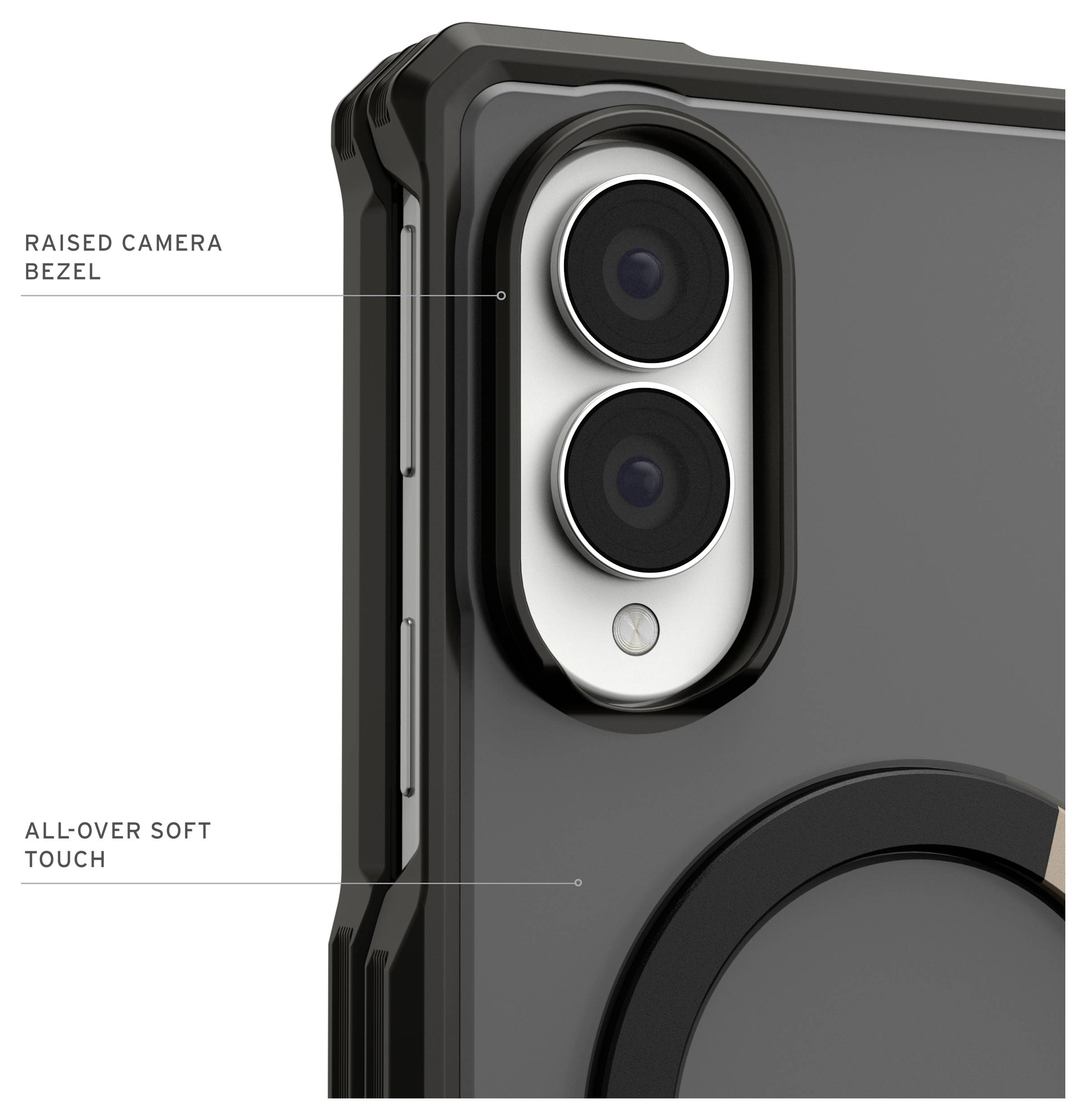 Nahaufnahme eines Smartphone-Schutzcases mit erhöbenem Kamerarand und durchgehend matter Oberflächenfinish rund um den Dual-Kamera-Ausschnitt.