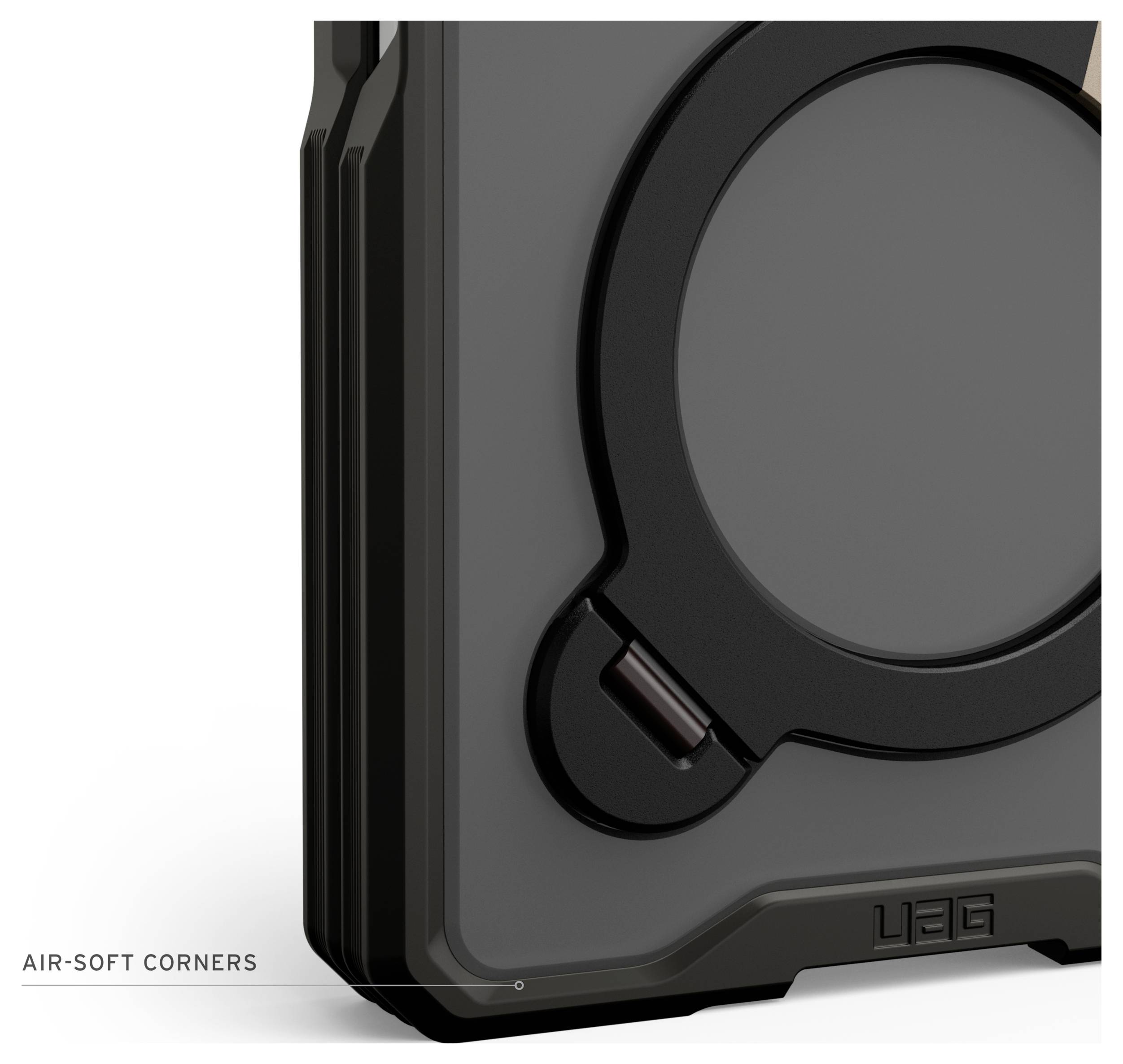 Nahaufnahme einer schwarzen robusten Schutzgehäuse-Ecke mit einem zirkulären erhabenen Detail und Beschriftung „AIR-SOFT CORNERS".