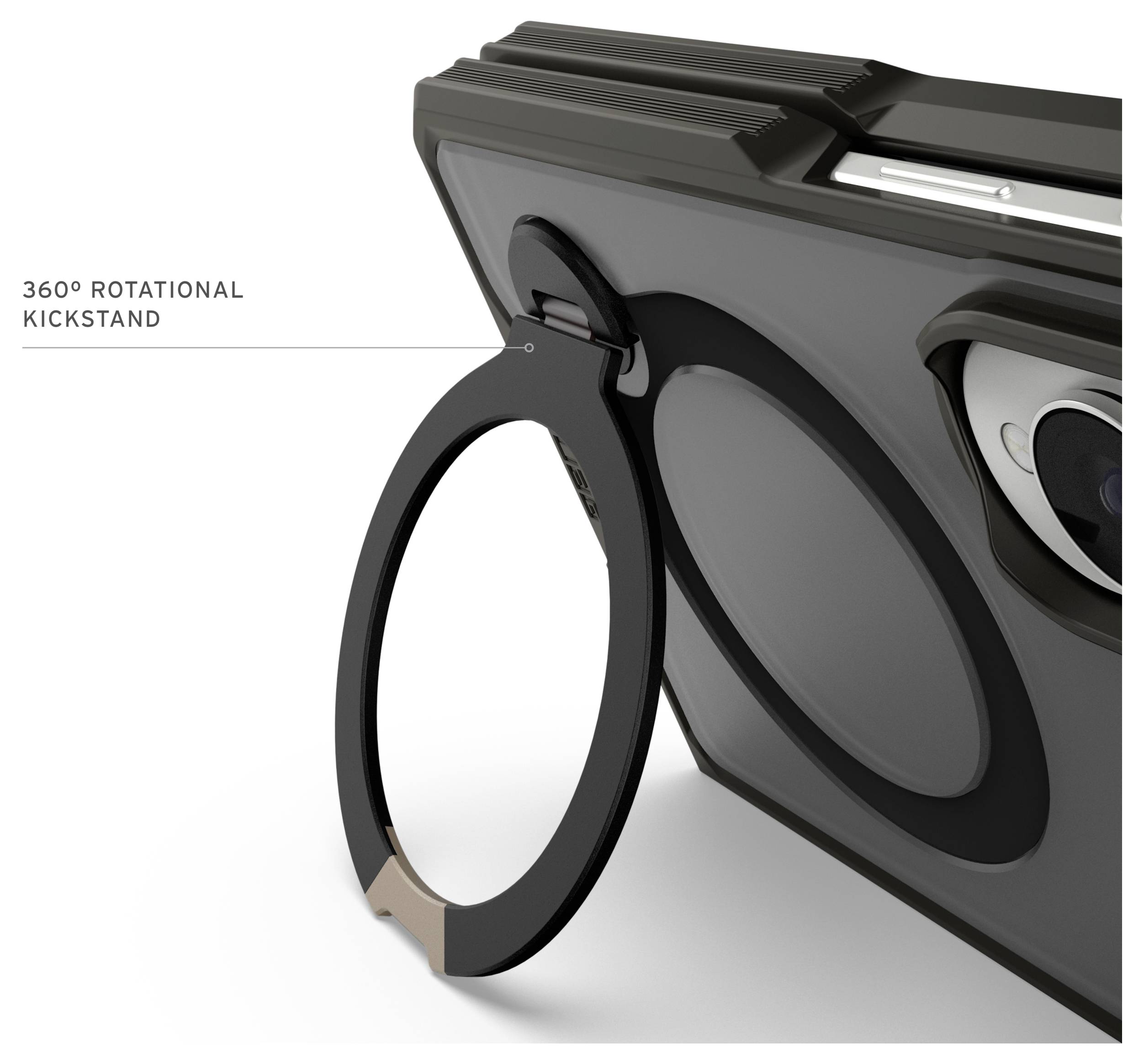 Tablet-Schutzhülle mit einem um 360° drehbaren Ständer-Ring, der von der Rückseite aus ausgefahren gezeigt wird, mit der Beschriftung „360° drehbarer Ständer".