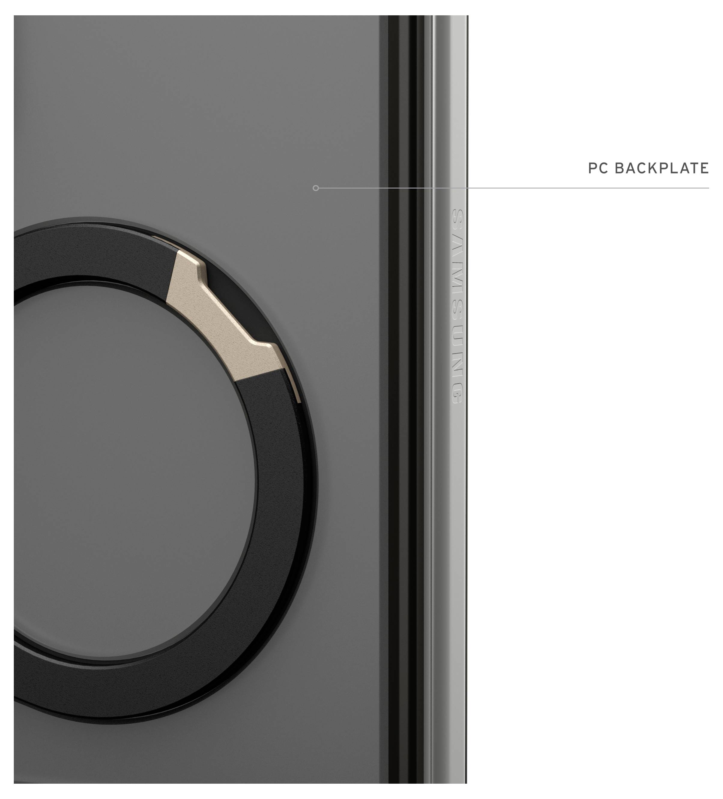 Nahaufnahme einer Gerätekante, die ein kreisförmiges schwarz-goldenes Detail auf einem grauen Panel zeigt, auf der rechten Seite mit „PC BACKPLATE" gekennzeichnet.
