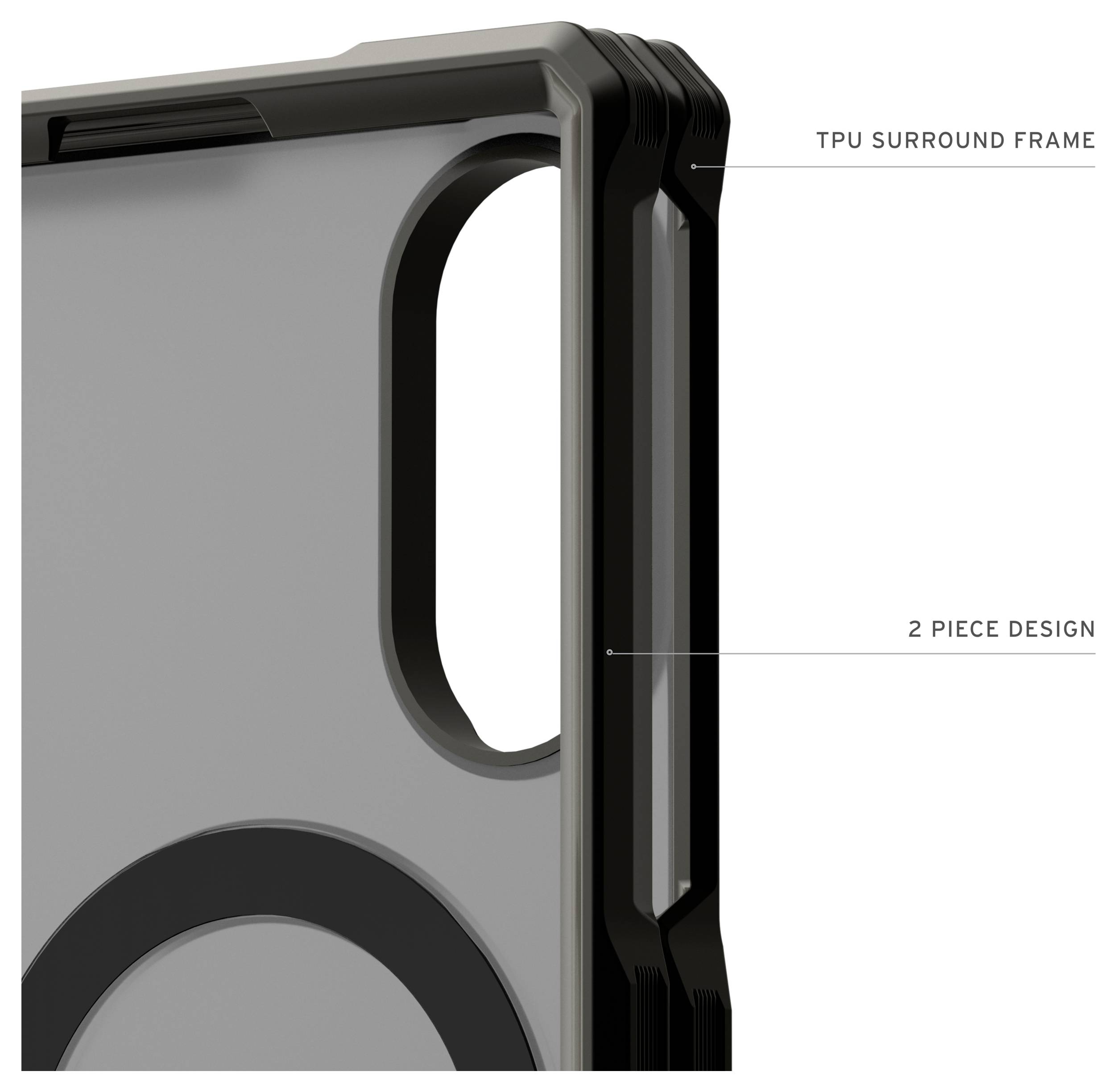 Nahaufnahme einer Handyhüllenecke mit der Beschriftung „TPU SURROUND FRAME" und „2 PIECE DESIGN", die einen robusten zweiteiligen Schutzrahmen zeigt.