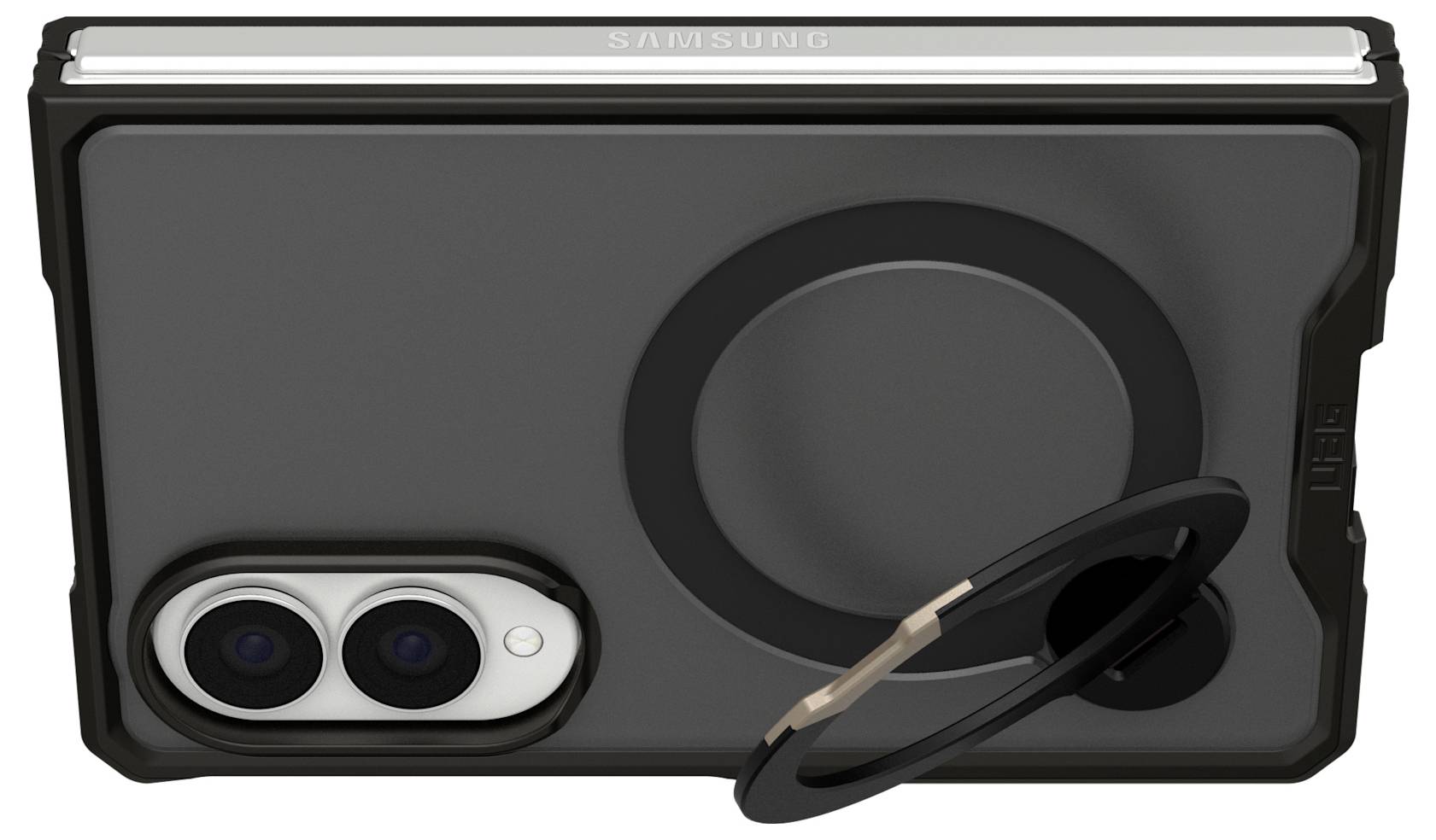 Schwarze Samsung-Handyhülle mit dualem Kameraschnitt auf der Rückseite und integriertem Ringständer auf der Rückseite.