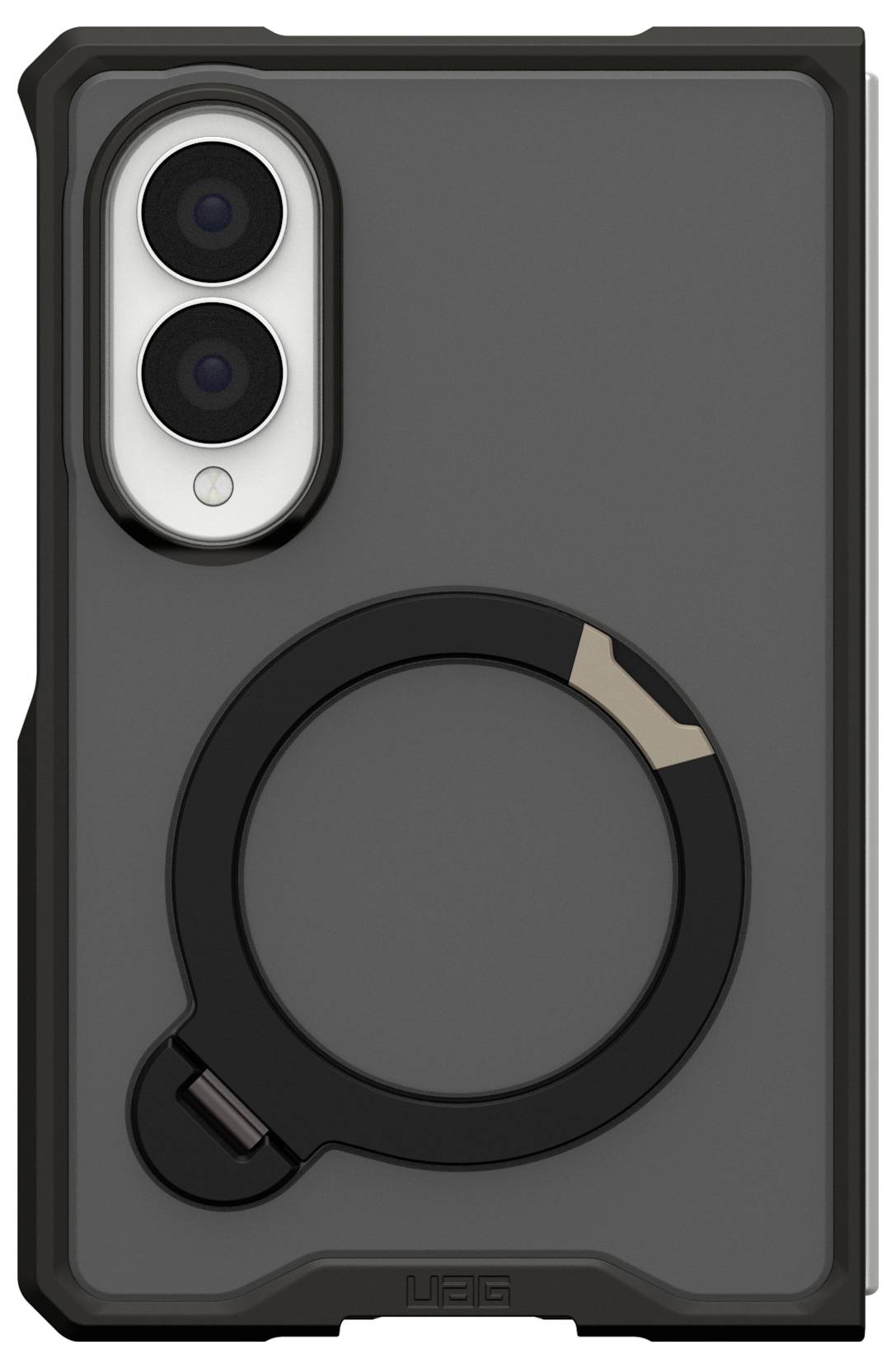 Schwarze Handyhülle mit einem kreisförmigen ringförmigen MagSafe-ähnlichen Element, das auf der Rückseite eines Smartphones mit ausgeschnittenem Dual-Kamera-System gezeigt wird.