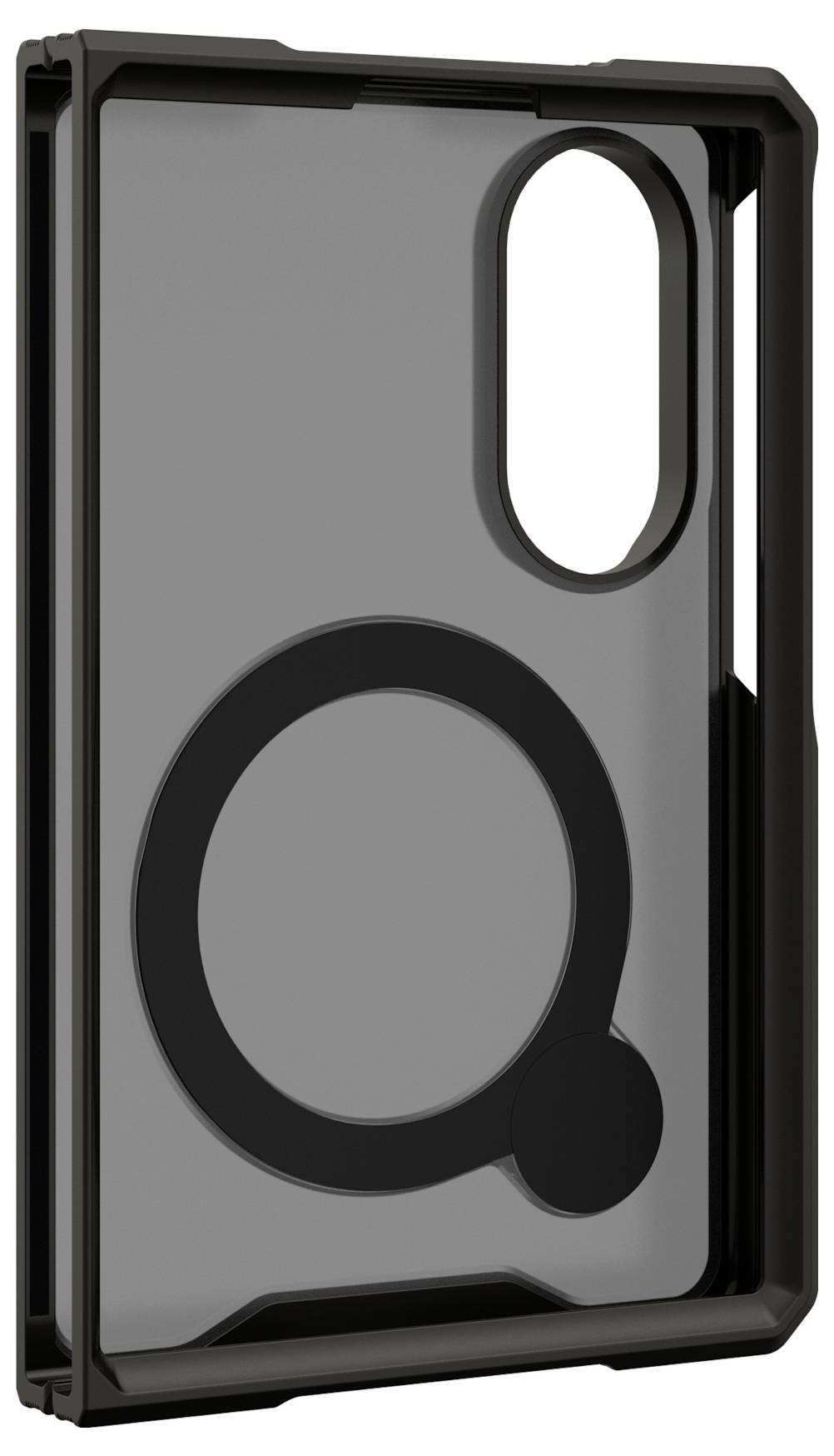 Ein schwarzes Smartphone-Schutzgehäuse mit einem großen kreisförmigen Ringhalter auf der Rückseite und einer ovalen Kameraaussparung in der Nähe der Oberseite.