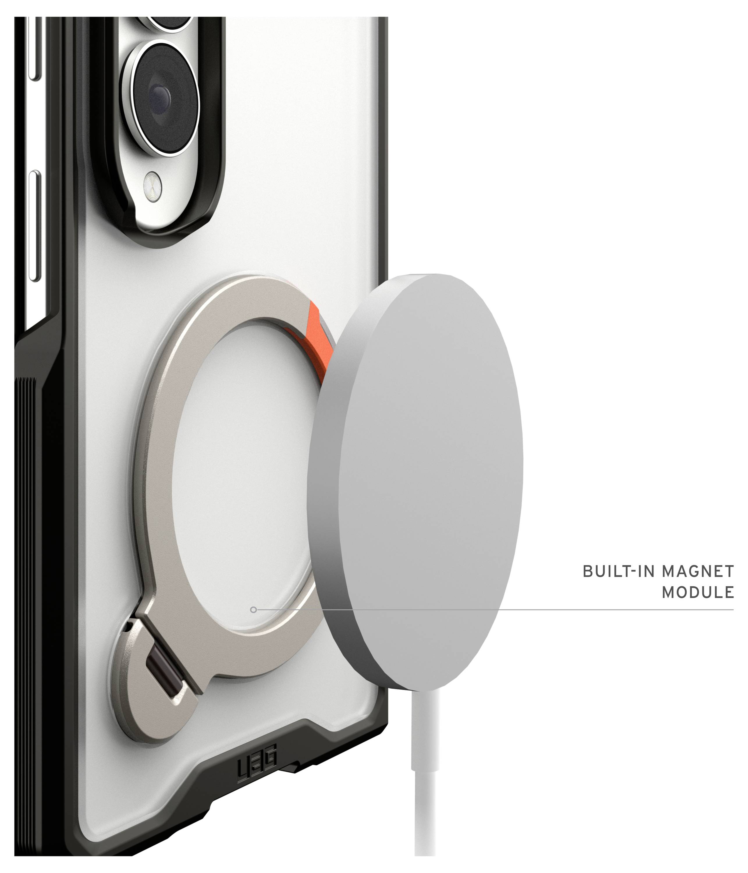 Nahaufnahme eines Telefons mit einem magnetischen Ladering, der auf der Rückseite angebracht ist, beschriftet mit „INTEGRIERTES MAGNETMODUL".