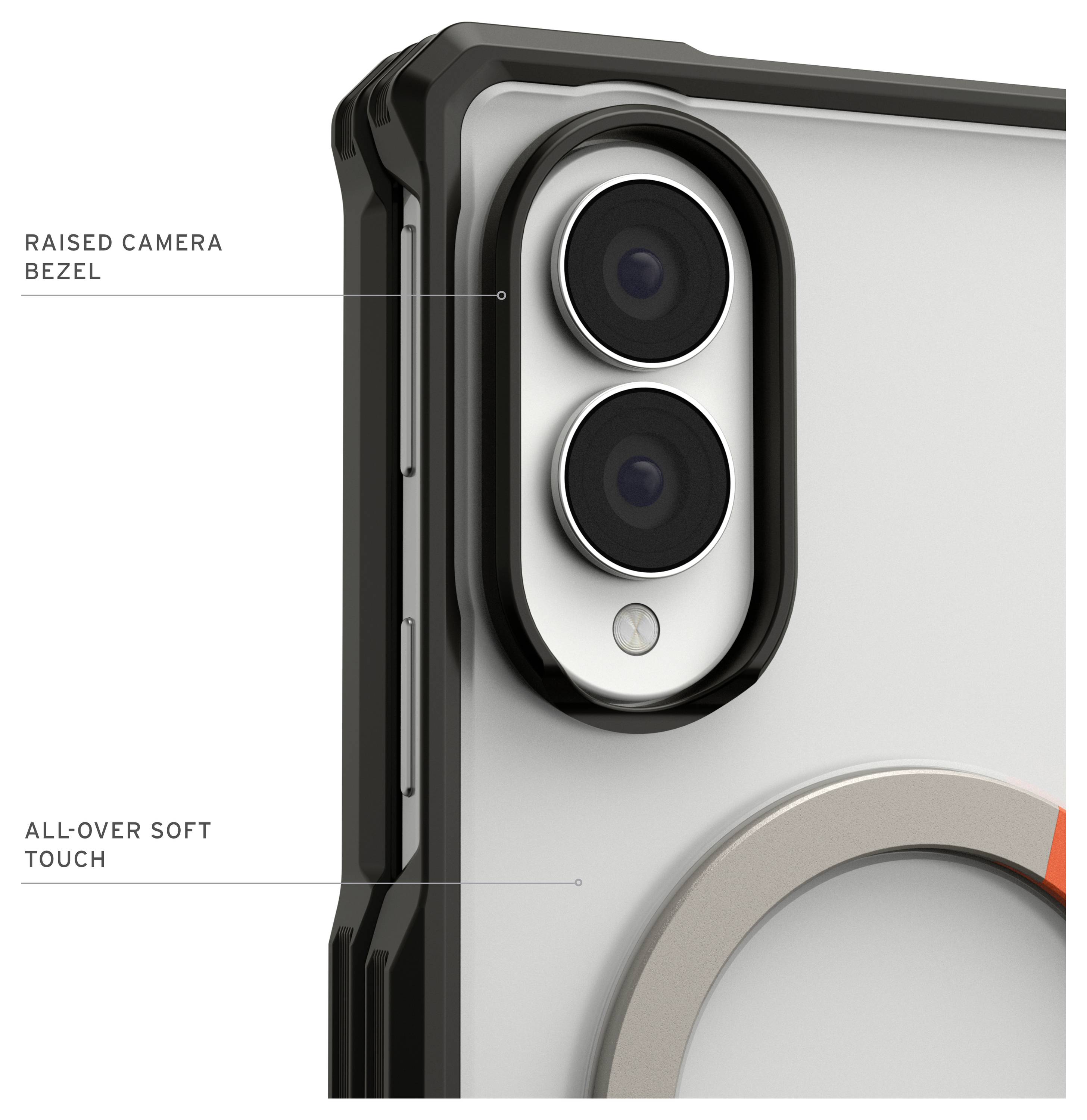 Nahaufnahme eines Smartphone-Schutzkases mit erhöhtem Kamerarand und weicher, matter Oberfläche, mit dualem Kamera-Ausschnitt und sichtbarem MagSafe-Ring.