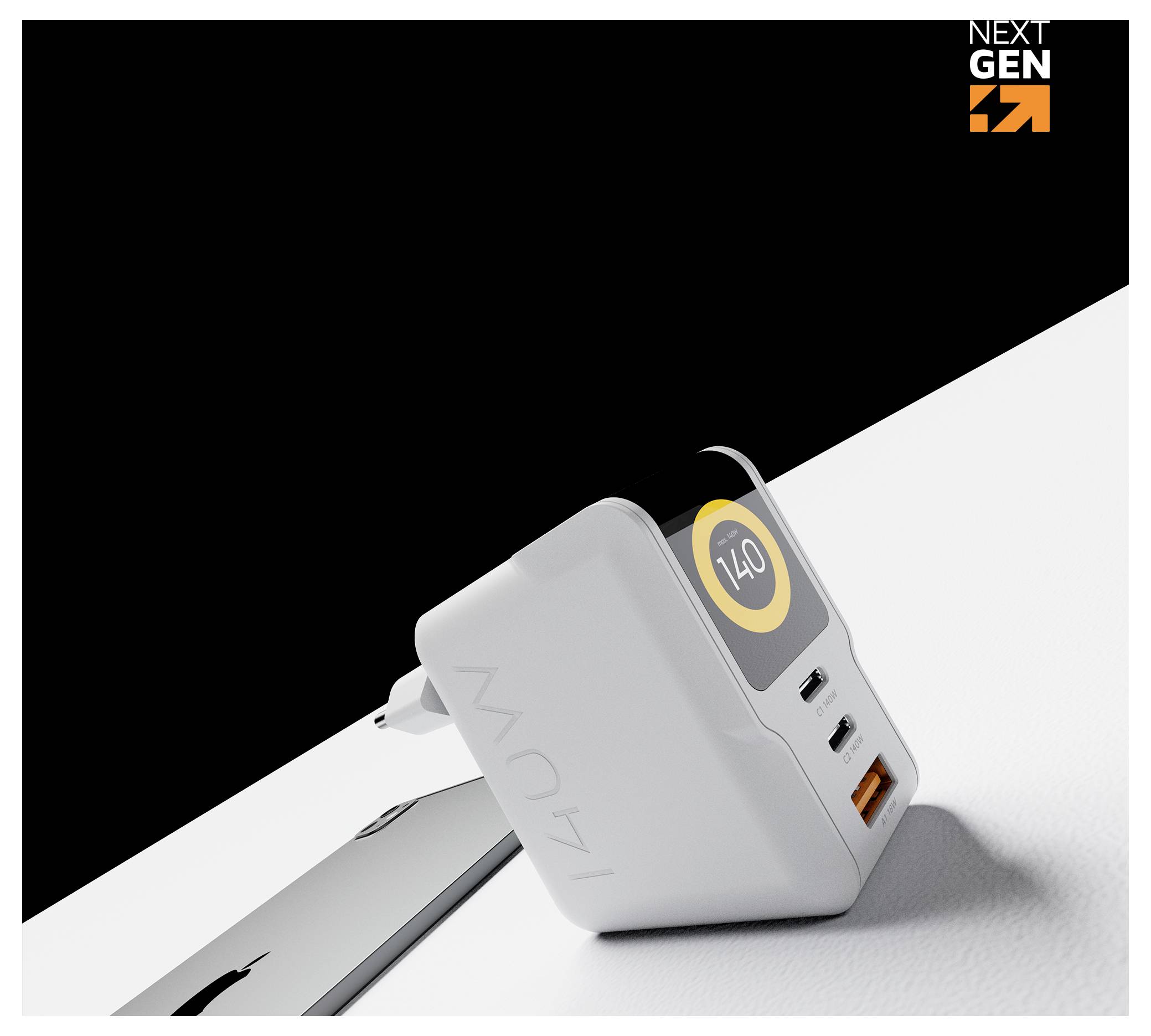 Weißes Next Gen ZNAN Wandladegerät mit digitaler Anzeige, die 140 anzeigt, mit USB-C- und USB-A-Anschlüssen auf schwarzweißem Produkthintergrund.