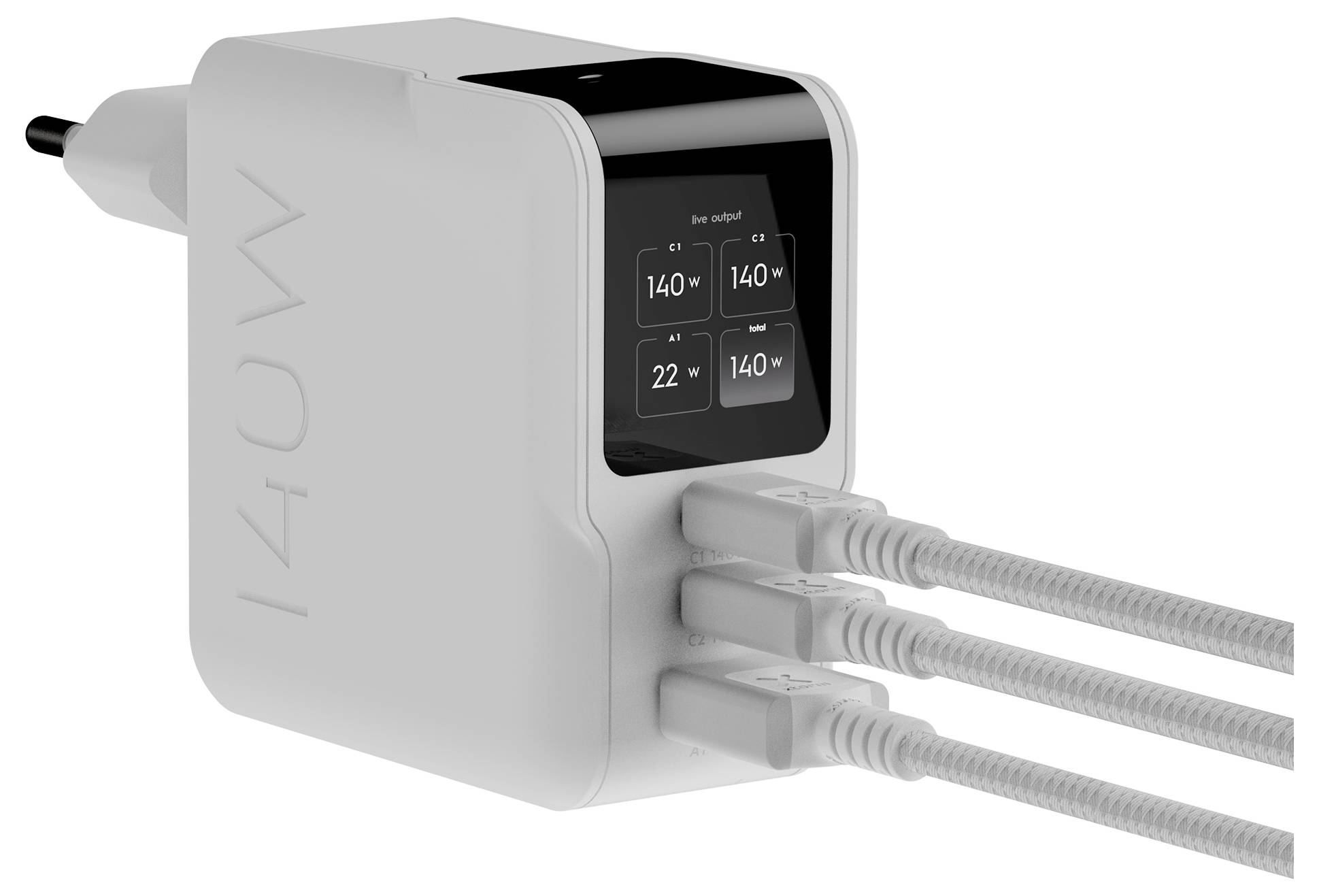 Weißer 140-W-Stromadapter mit digitalem Display und drei USB-C-Kabeln, die in die vorderen Anschlüsse eingesteckt sind