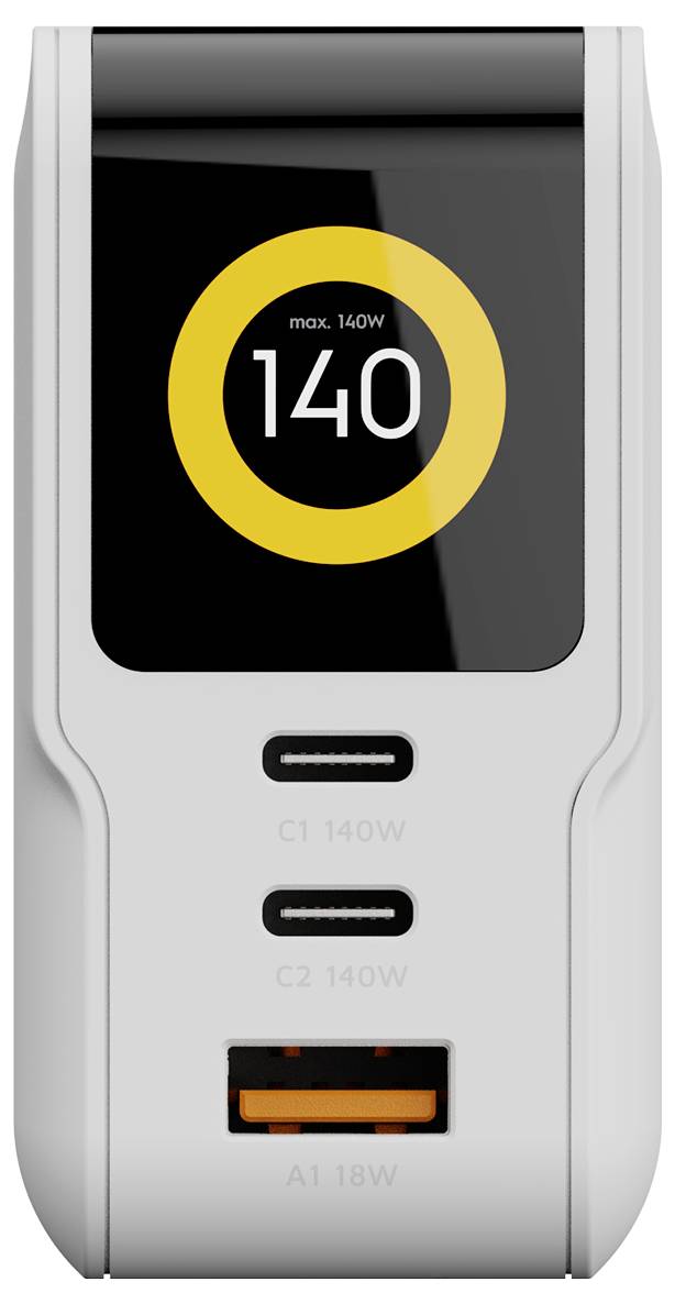 Frontansicht eines grauen USB-Ladehubs/einer Powerbank mit einem Display, das „140" und „max. 140W" anzeigt, sowie zwei USB-C-Anschlüssen und einem USB-A-Anschluss.