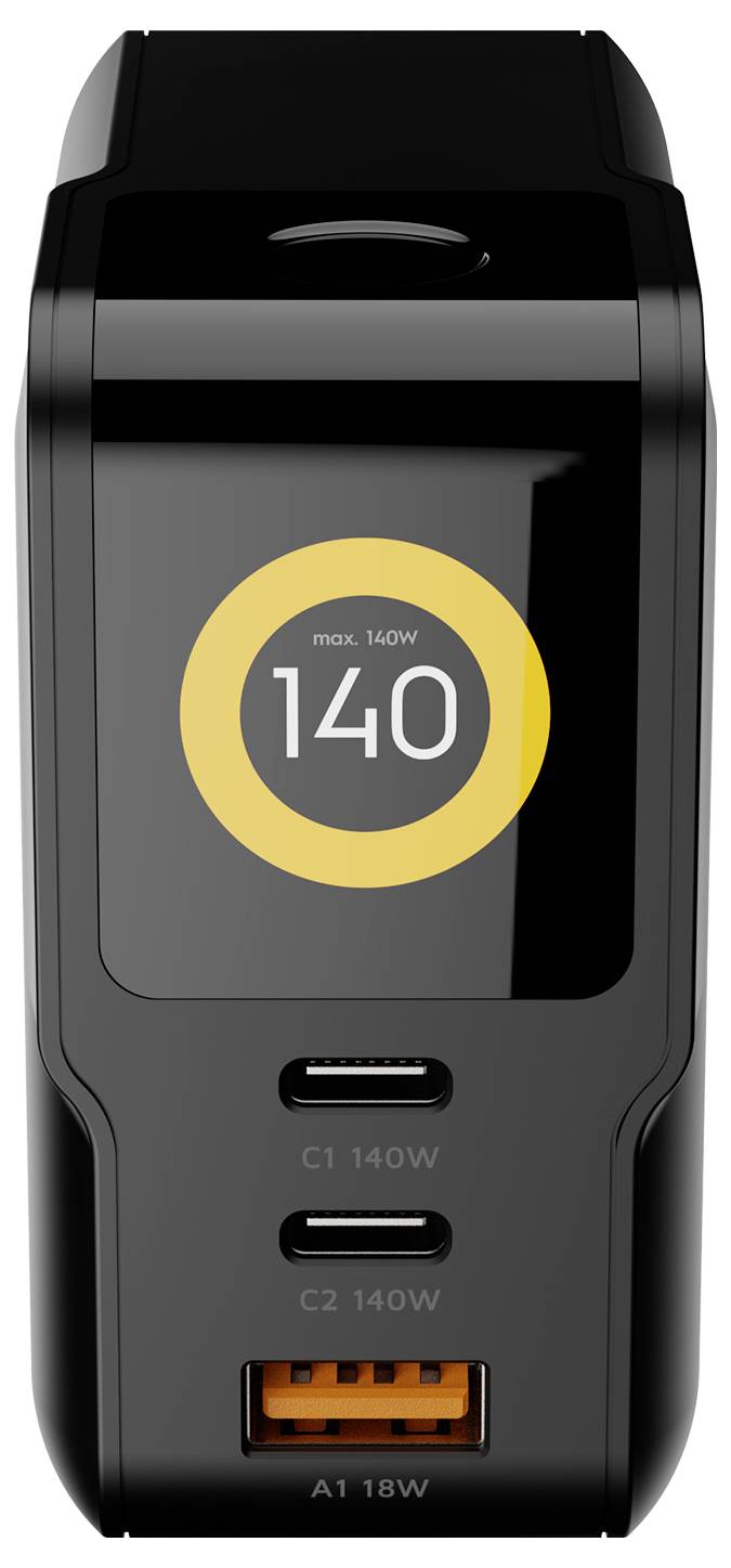 Vorderansicht eines schwarzen USB-C-Multiport-Ladegeräts mit einer gelb leuchtenden Anzeige, die "140" zeigt, und Beschriftungen für C1 140W, C2 140W und A1 18W.