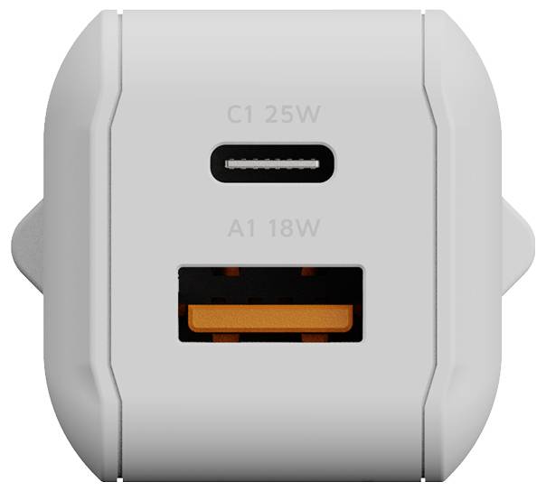 Nahaufnahme eines weißen Wandladegeräts mit zwei Anschlüssen: ein USB-C-Anschluss mit der Bezeichnung „C1 25W" und ein USB-A-Anschluss mit der Bezeichnung „A1 18W".