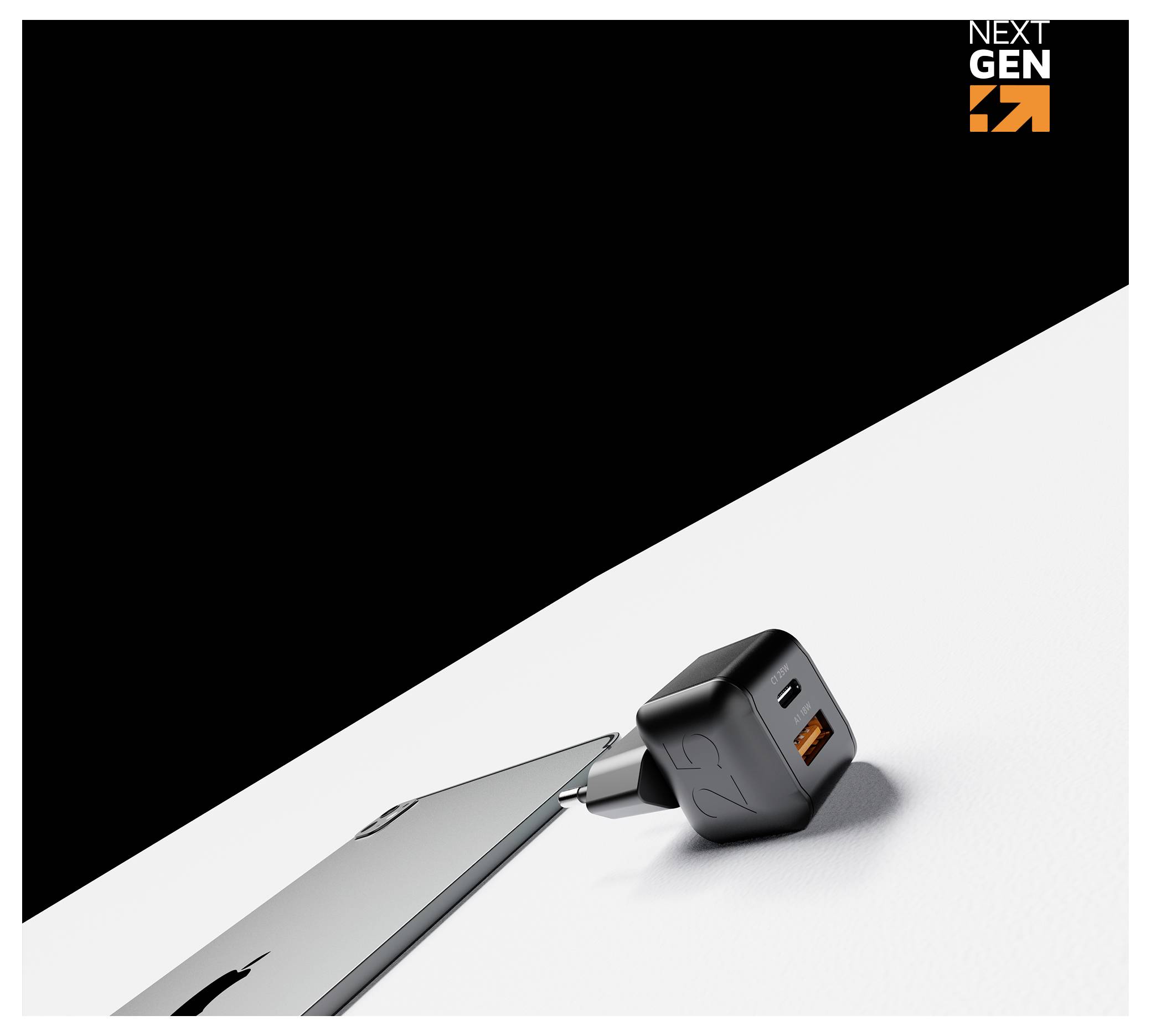 Ein schwarzes und oranges „NEXT GEN"-Logo erscheint über einem USB-C-Wandladegerät neben einem Smartphone und zeigt eine Produktfotografie eines Ladezubehörs.