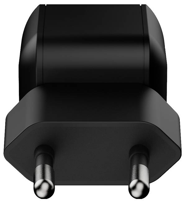 Schwarzer zweipoliger Elektrostecker-Adapter auf weißem Hintergrund dargestellt.