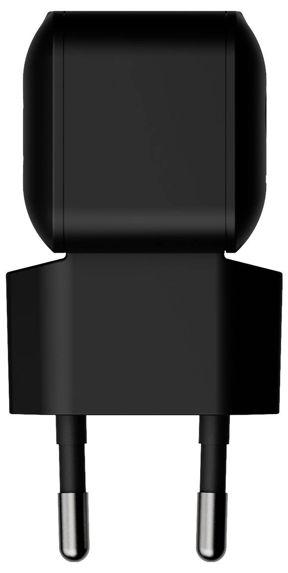 Schwarzer zweipoliger Elektrostecker-Adapter mit abgerundetem rechteckigem Gehäuse und Metallstiften auf weißem Hintergrund