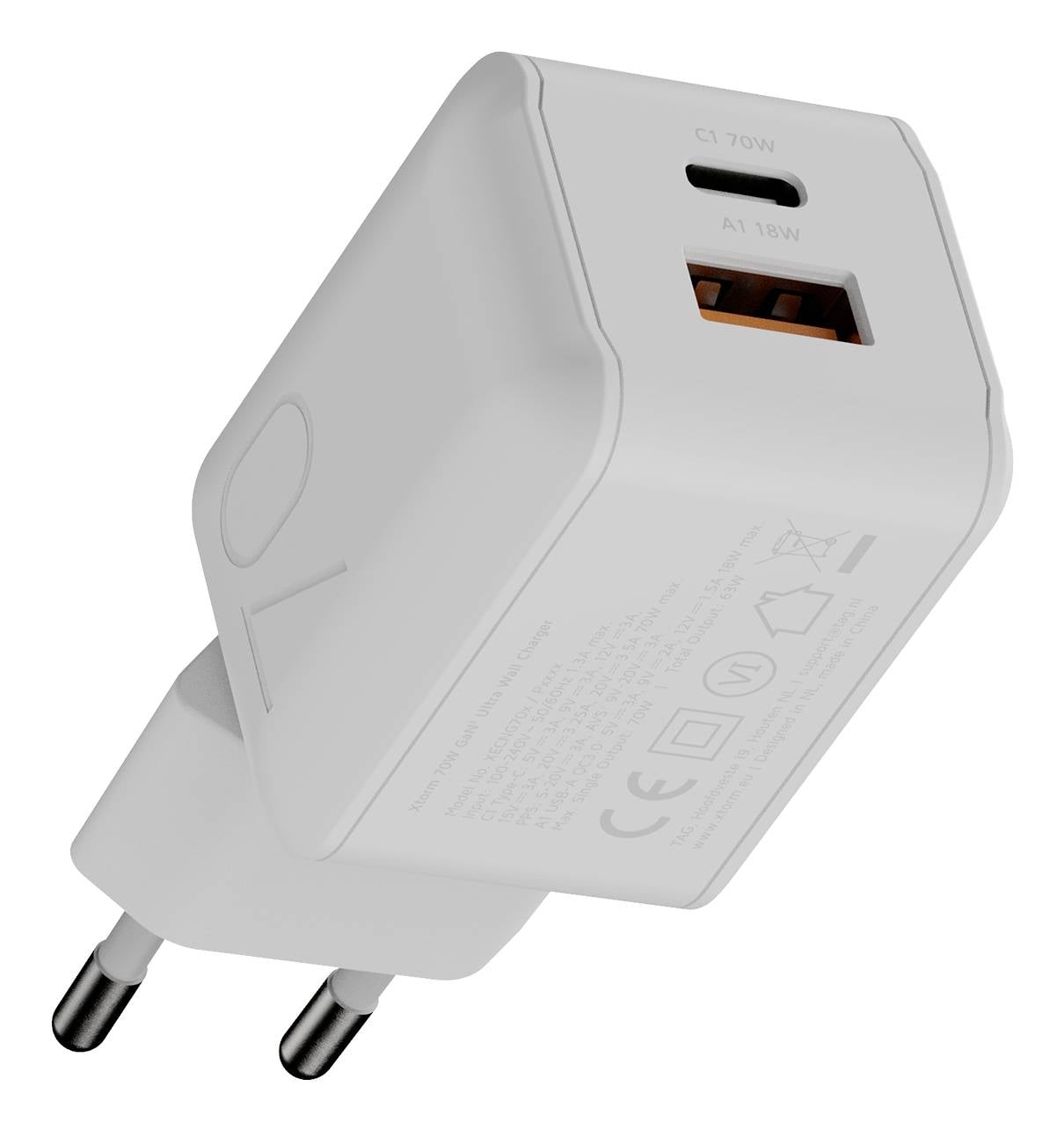 Weiß USB-Wandladegerät mit zweipoliger EU-Steckdose und einem USB-A-Anschluss mit der Bezeichnung „A1 18W"