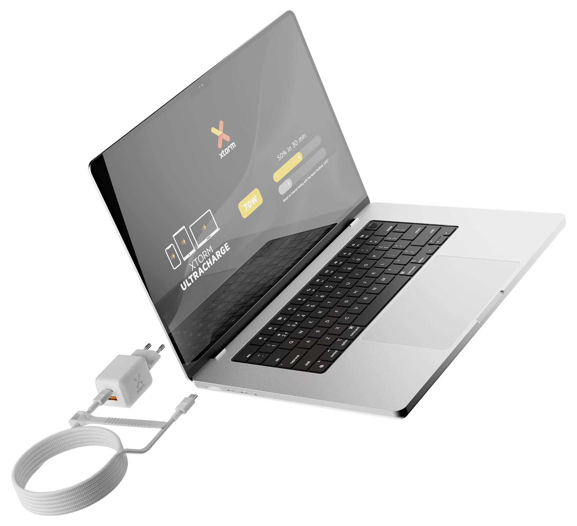Silber-Laptop angeschlossen an ein Ladegerät, mit dunklem Bildschirm, der Batterie-/Ladegrafieken und die Worte „Xiaomi UltraCharge" anzeigt.