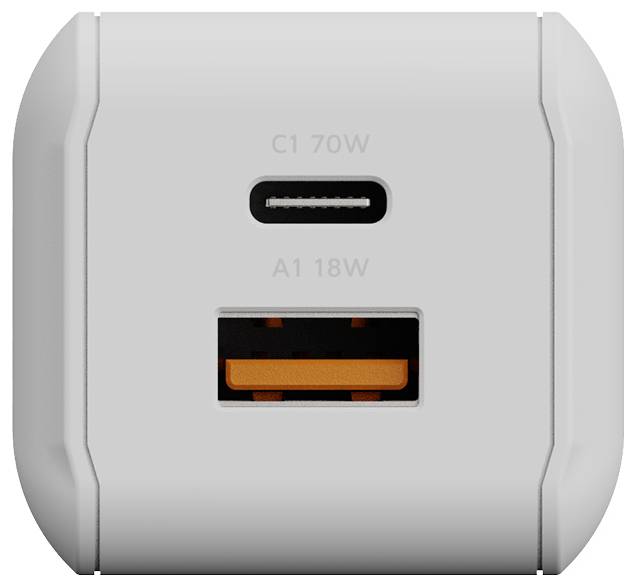 Nahaufnahme eines USB-Dual-Port-Ladegeräts mit einem USB-C-Anschluss mit der Bezeichnung „C1 70W" über einem USB-A-Anschluss mit der Bezeichnung „A1 18W".