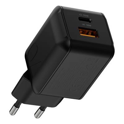 Schwarzes Wandladegerät mit europäischem Stecker, ausgestattet mit USB-C- und USB-A-Anschlüssen mit den Bezeichnungen „C1 20W" und „A1 18W".