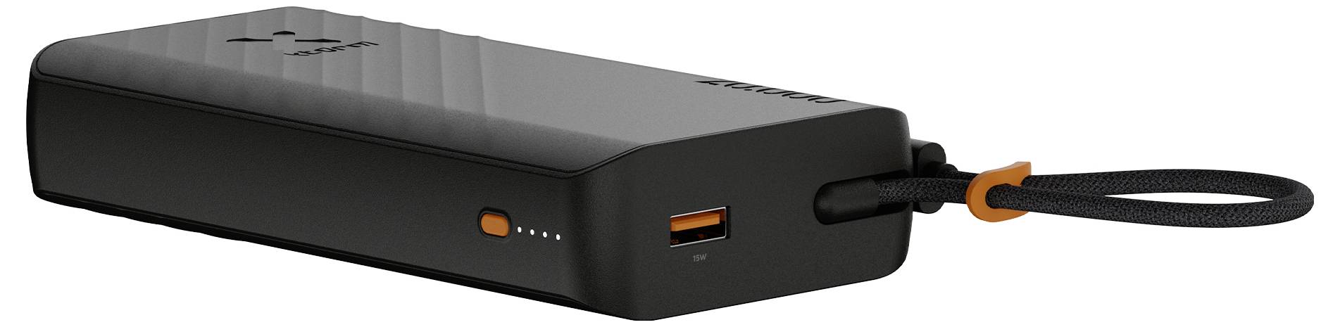 Schwarze tragbare Powerbank mit USB-Anschlüssen, Ladeanzeigeleuchten und einem verbundenen Kabel, das durch einen orangefarbenen Ring geschlungen ist.