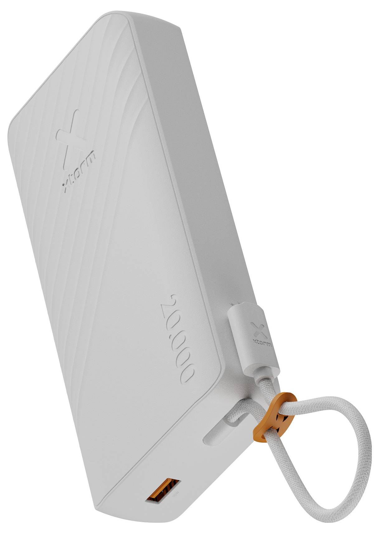 Weiße tragbare Powerbank mit einem USB-Kabel, das durch einen seitlichen Riemen geschlungen ist, mit angezeigtem USB-Anschluss und eingeprägte Kapazitätsmarkierung „20000".