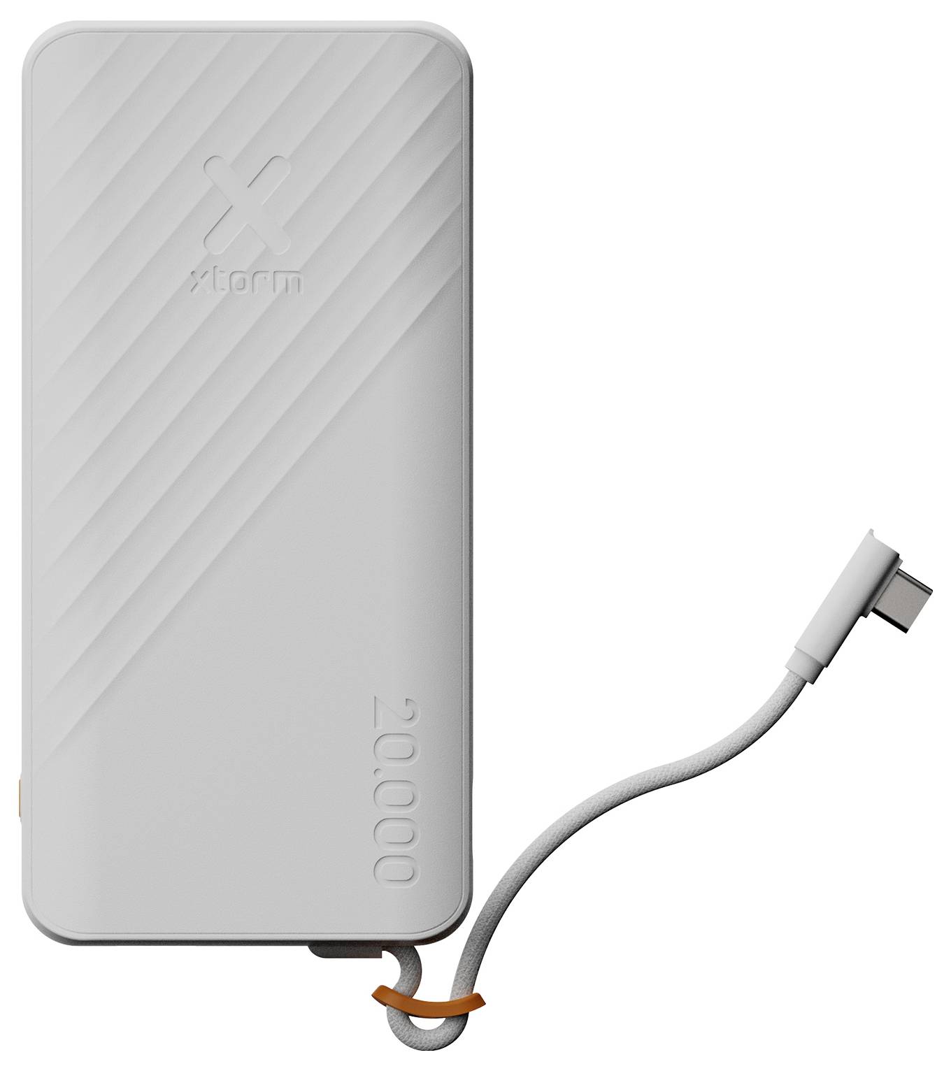 Weißes Xiaomi 20000mAh Powerbank mit angeschlossenem USB-C-Kabel auf schlicht gestricktem Hintergrund.