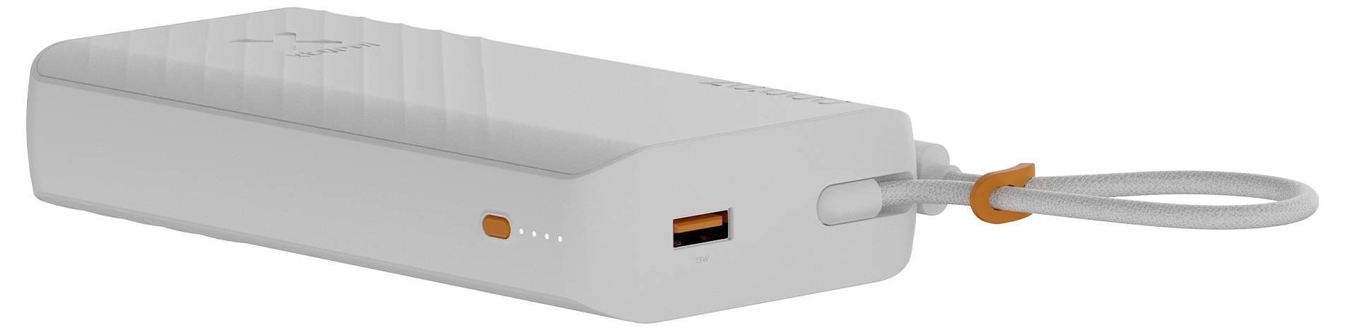 Tragbare weiße Powerbank mit USB-Anschluss und angeschlossenem Kabel, in Seitenansicht dargestellt.