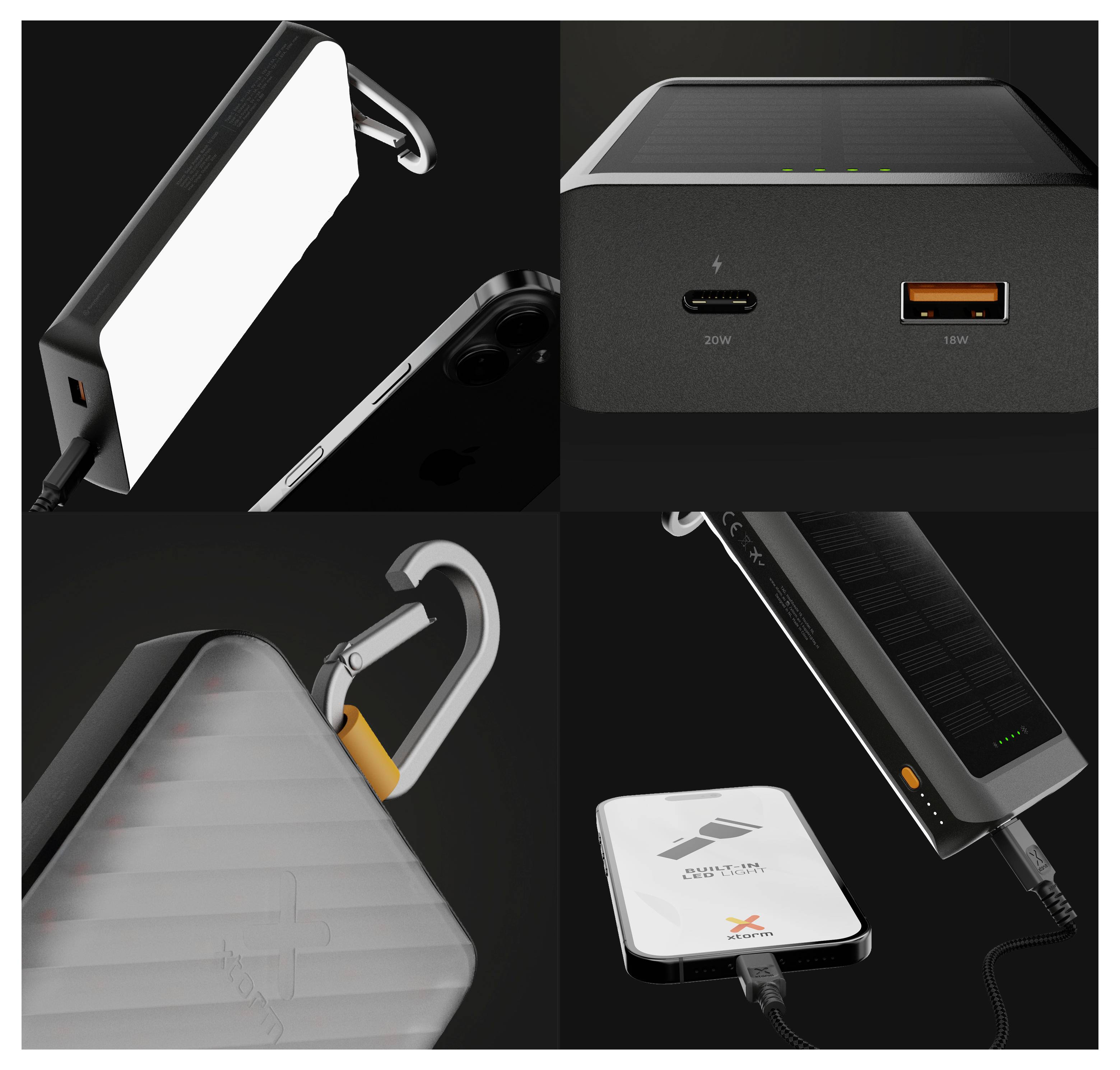 Collage eines tragbaren Solarenergie-Powerbanks mit integriertem Karabiner, USB-C- und USB-A-Ladeanschlüssen und einem daneben aufladenden Telefon.