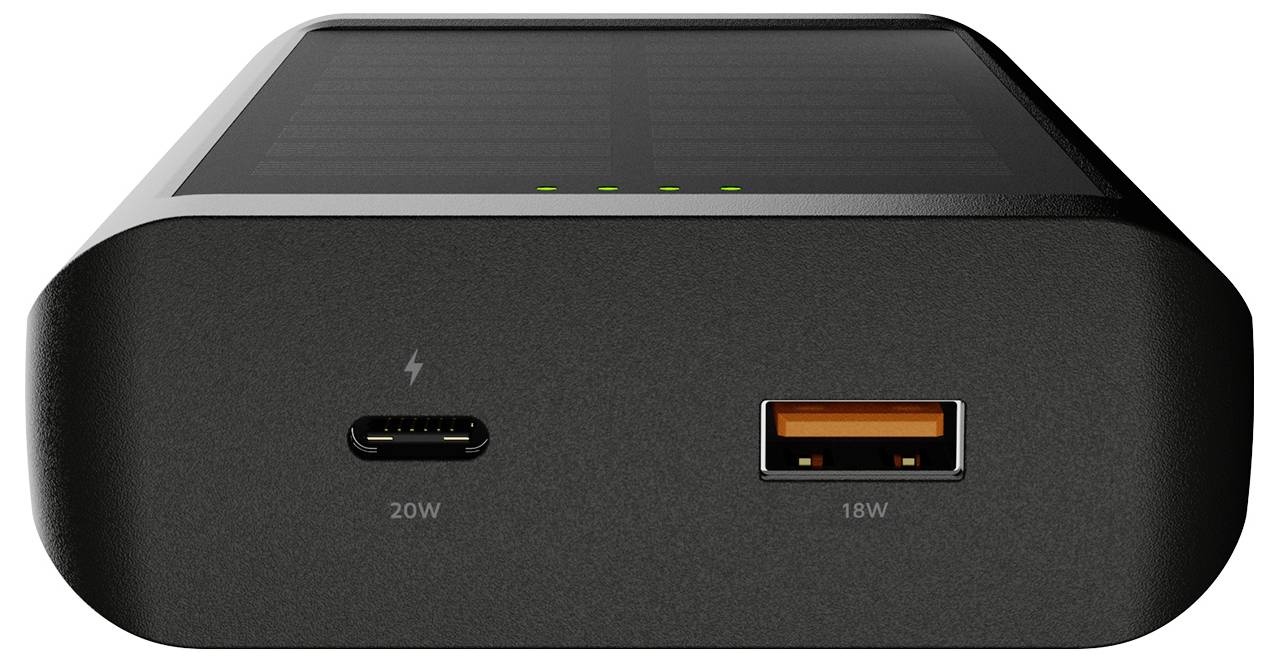 Vorderansicht einer schwarzen Powerbank mit zwei Ladeanschlüssen: USB-C mit der Bezeichnung „20W" und USB-A mit der Bezeichnung „18W".
