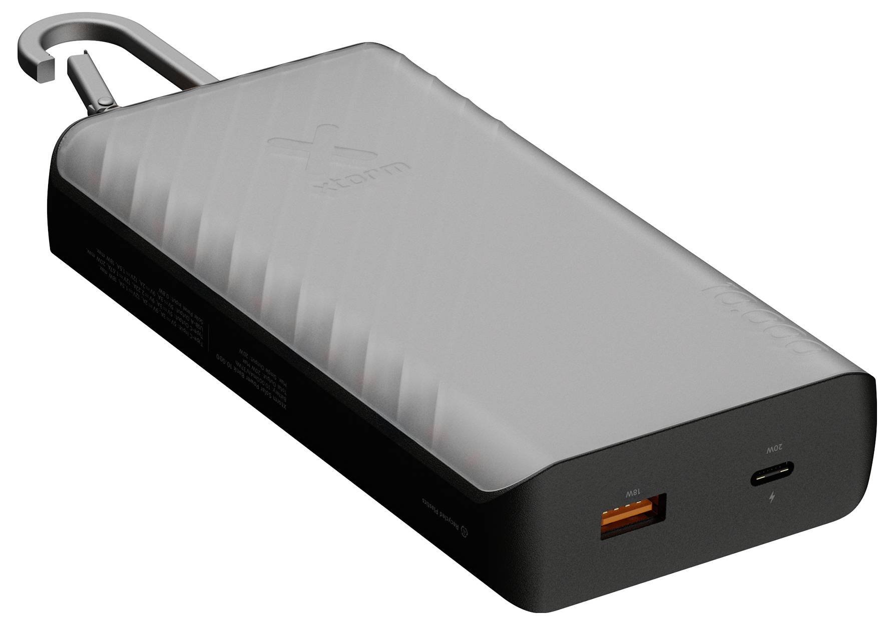 Tragbare schwarze Powerbank mit integriertem USB-C-Kabel, USB-A-Anschluss und Trageöse vor einem weißen Hintergrund