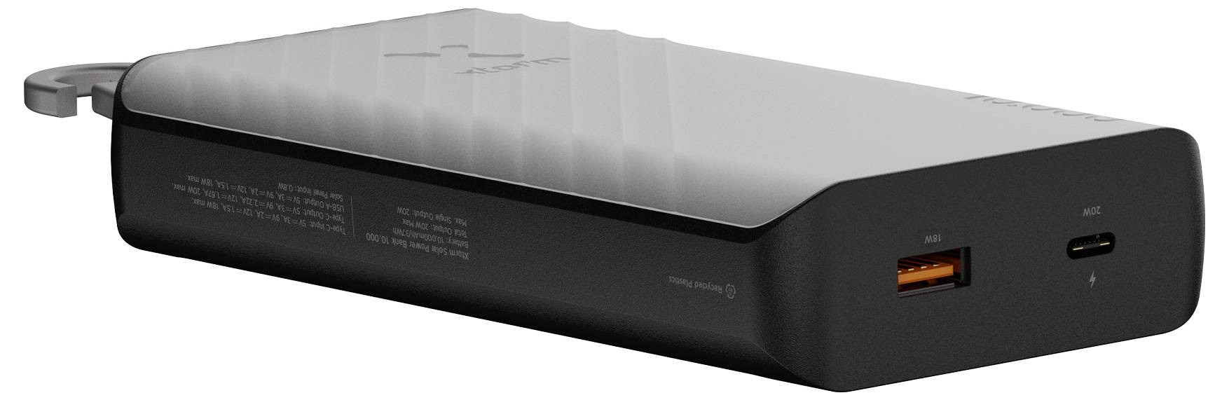 Schwarze tragbare Powerbank mit silbernem Deckel, die einen USB-A-Anschluss und einen USB-C-Anschluss an der Vorderseite zeigt.