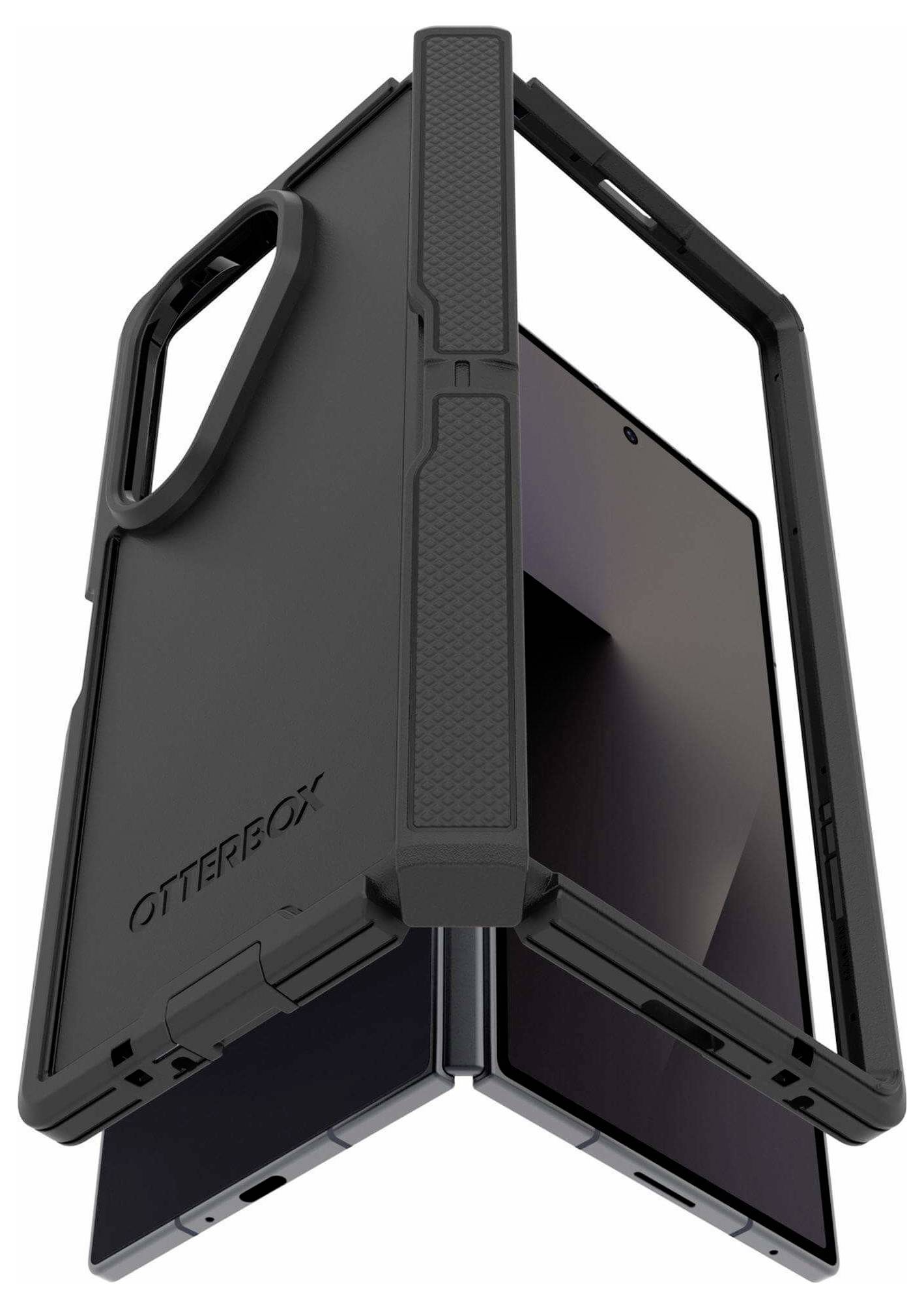 Schwarzes robustes OtterBox-Tablet-Etui, offen dargestellt, mit integriertem Klappenständer, das ein Tablet in vertikaler Ausrichtung schützt.