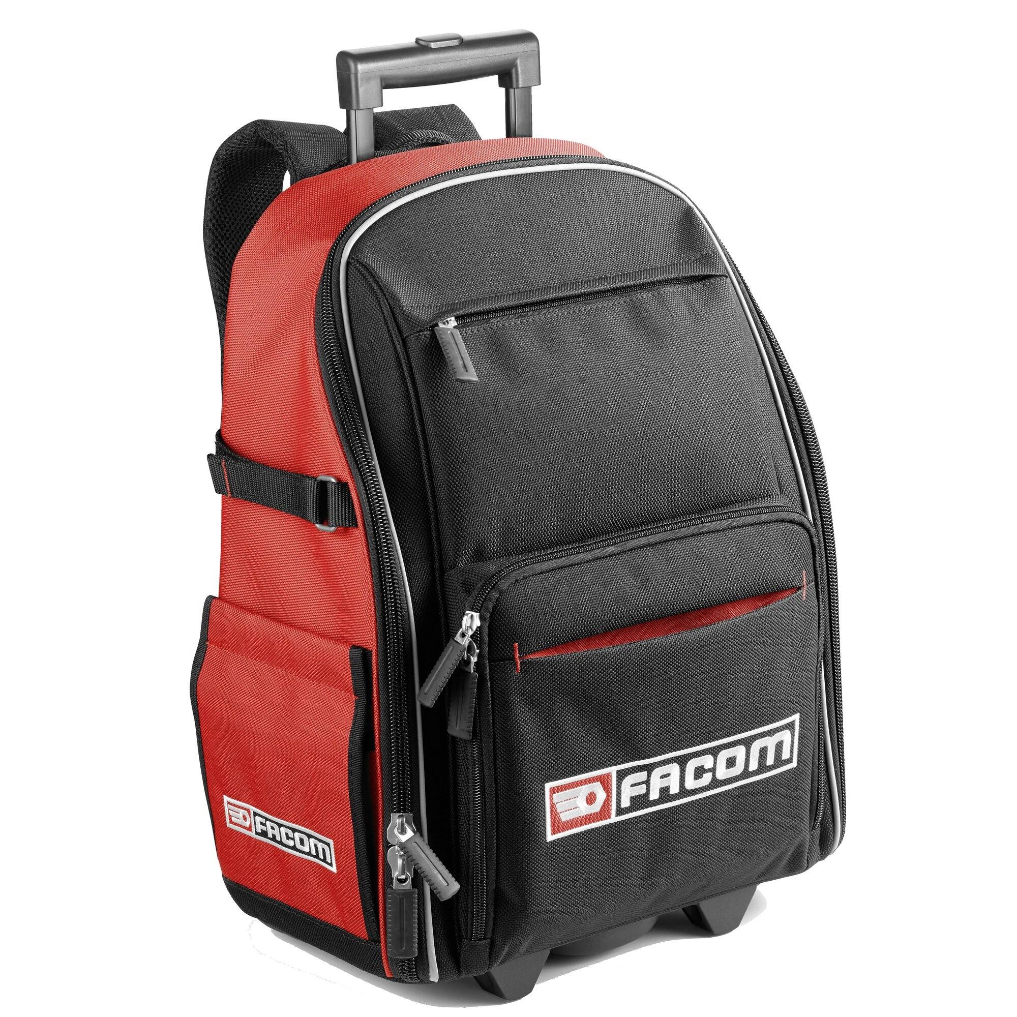 Roten und schwarzen FACOM Rollrucksack mit ausziehbarem Griff, vorderen Reißverschlusstaschen und Seitentaschen auf weißem Hintergrund.