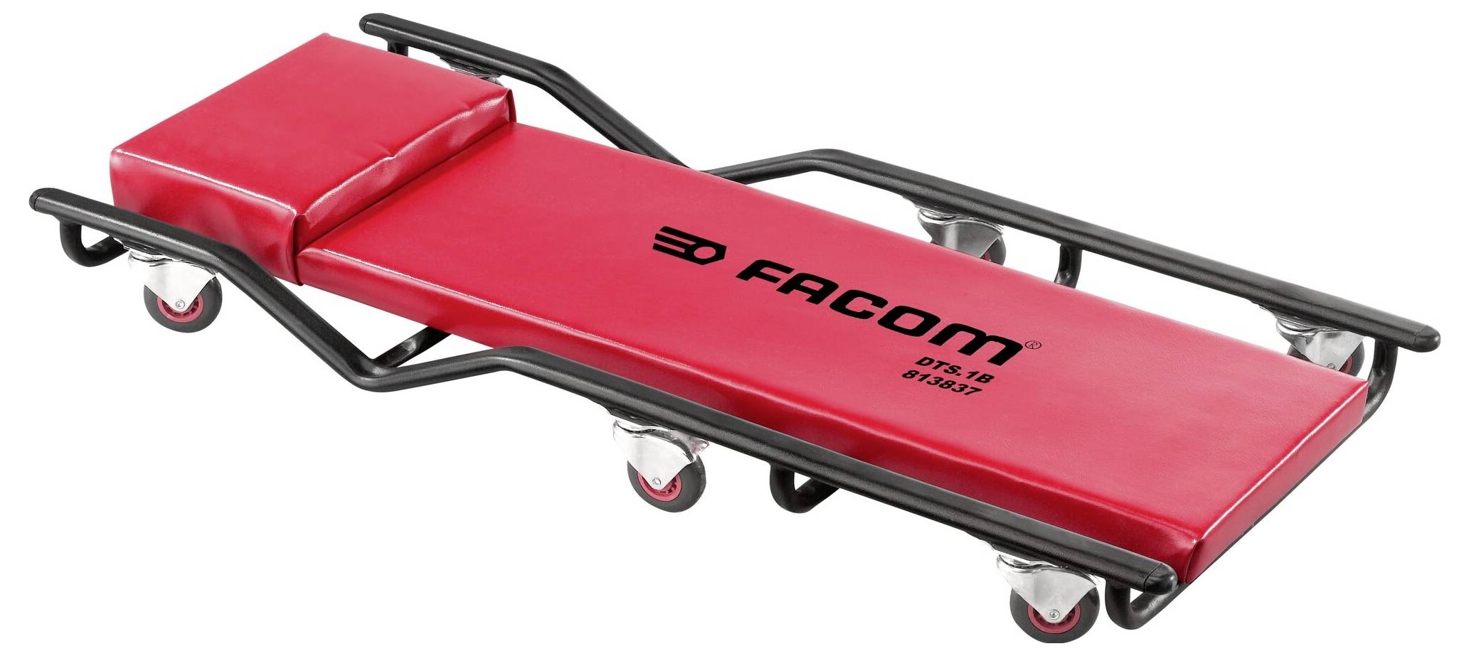 Fahrbare rote Mechaniker-Rollliege mit gepolsterter Kopfstütze und schwarzem Metallrahmen, Marke „FACOM".
