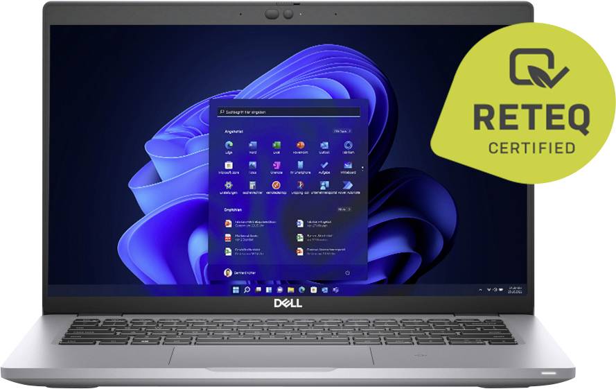 Dell-Laptop, der das Windows 11-Startmenü anzeigt, mit einem großen gelben „RETEQ CERTIFIED"-Abzeichen in der oberen rechten Ecke.