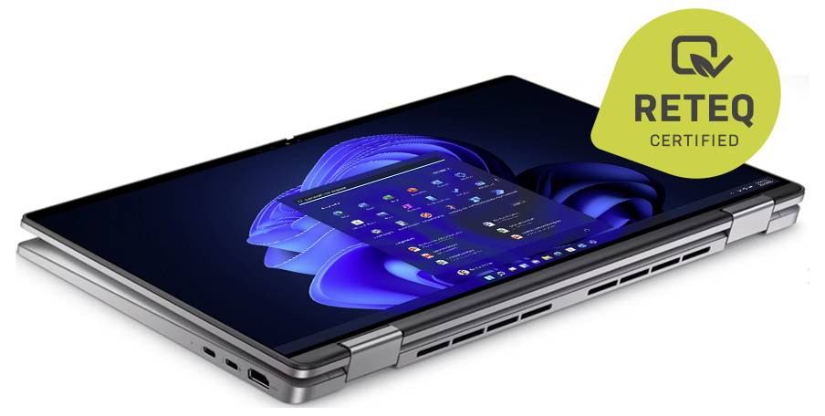 Ein teilweise geöffnetes faltbares Tablet-/Laptop-Hybrid-Gerät mit einem blauem Windows-ähnlichem Startbildschirm und einem "RETEQ CERTIFIED"-Abzeichen oben rechts.