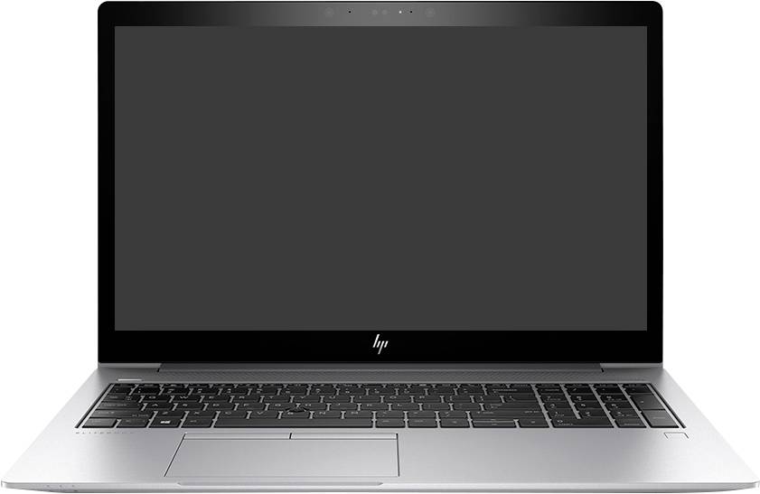 Silbertelefarbener HP-Laptop, geöffnet mit leerem schwarzem Bildschirm, Frontansicht auf weißem Hintergrund.
