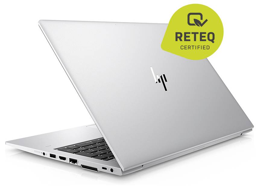 Silberner HP-Laptop auf weißem Hintergrund mit einem gelben „RETEQ CERTIFIED"-Badge in der oberen rechten Ecke.