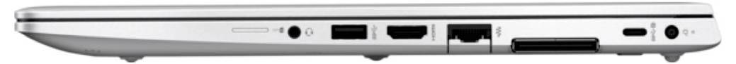 Seitenansicht eines silbernen Laptops mit Kantenanschlüssen, einschließlich Audio, USB, HDMI, Ethernet und einem Kartensteckplatz.