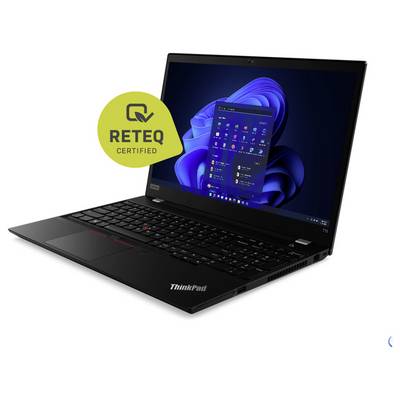 Schwarzer Lenovo ThinkPad Laptop, offen unter Windows 11 dargestellt, mit einem gelben Badge "RETEQ CERTIFIED".