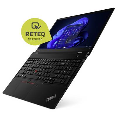 Schwarzes Lenovo ThinkPad Laptop, offen im Winkel dargestellt, mit einem gelben "RETEQ CERTIFIED" Abzeichen daneben.
