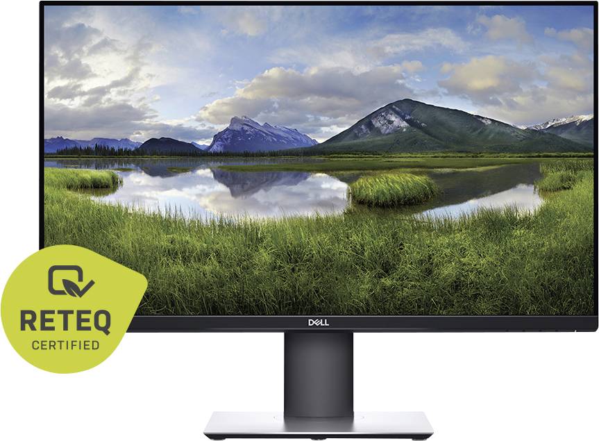 Dell-Monitor zeigt eine malerische Bergseenlandschaft mit reflektierten Gipfeln und grünem Vordergrund; „RETEQ CERTIFIED"-Abzeichen in der unteren linken Ecke.